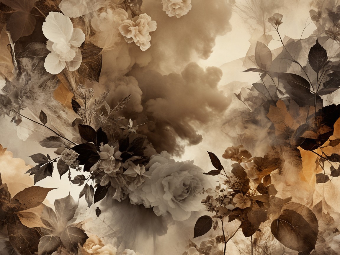 Floral and Cloud Composition in Sepia Tones