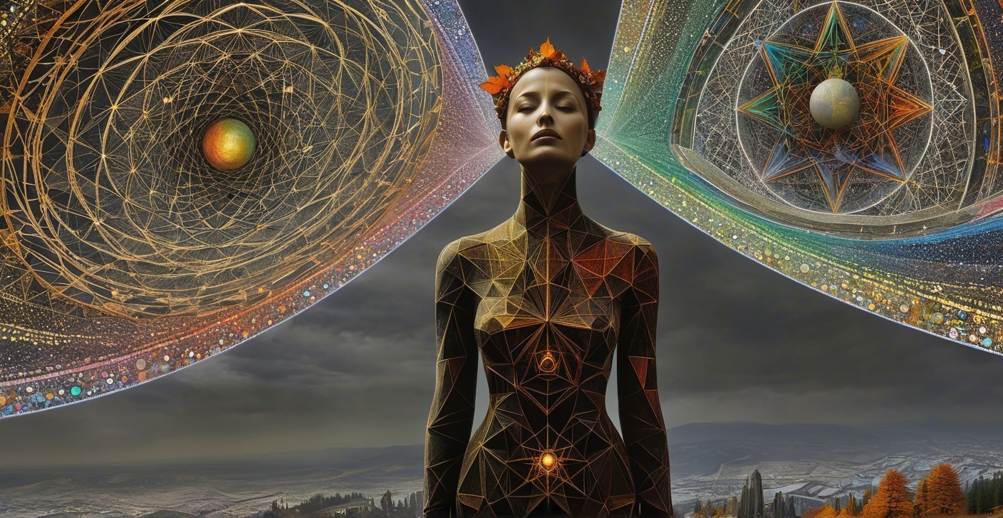 Surreal Female Figure in Cosmic Patterns and Colors