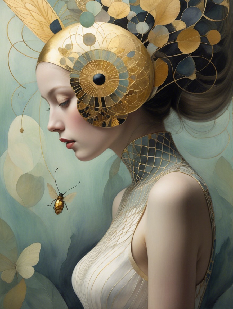 Serene Woman in Profile with Golden Headpiece and Bee