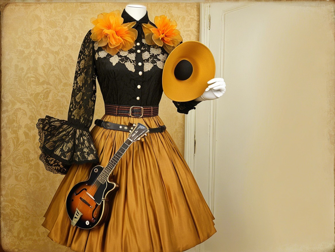Vintage-Inspired Outfit with Black Lace and Golden Skirt