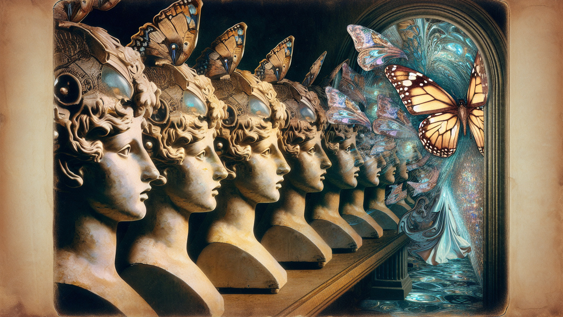 Surreal Corridor with Busts and Butterfly Wings