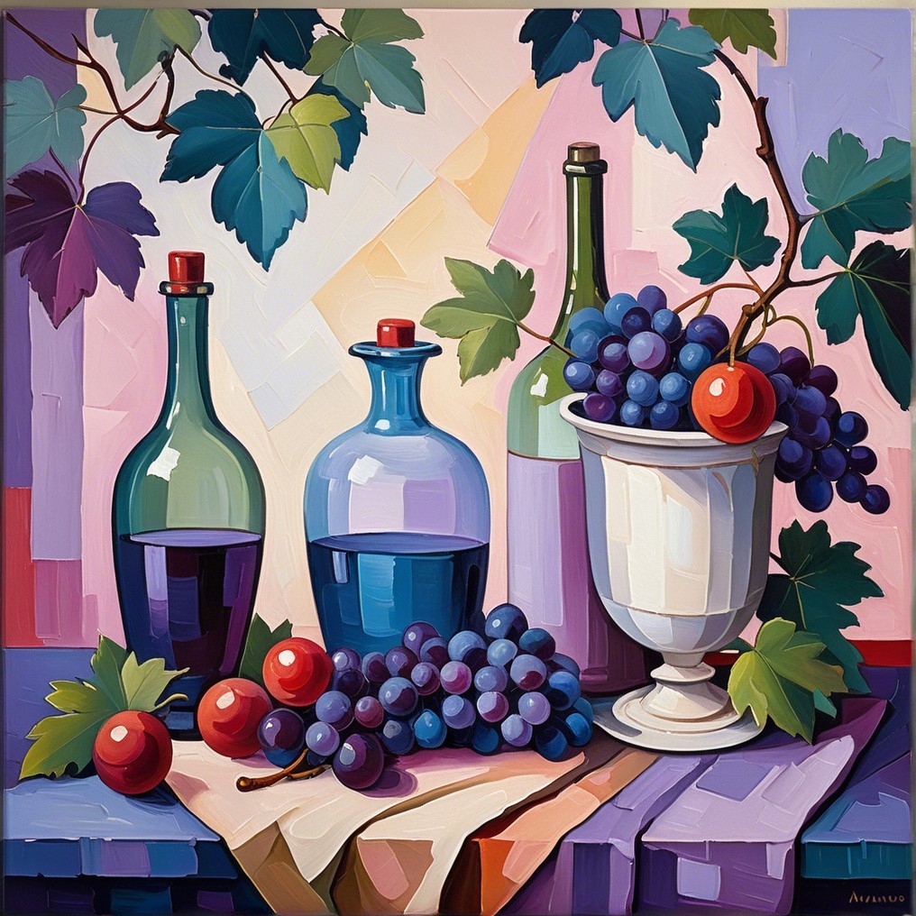 Vibrant Still Life with Glass Bottles and Grapes