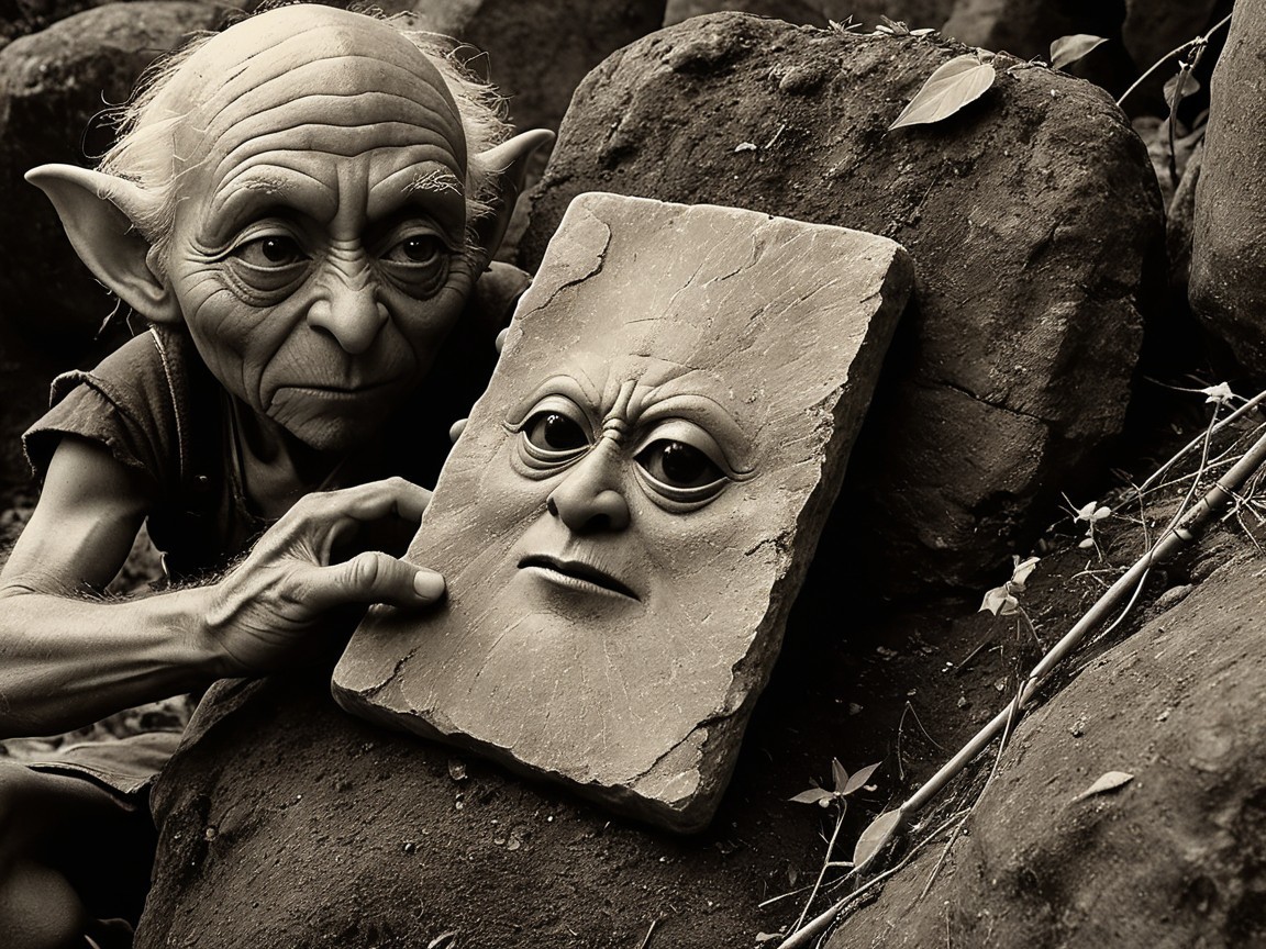 Mystical Figure Examines Carved Stone Tablet in Nature