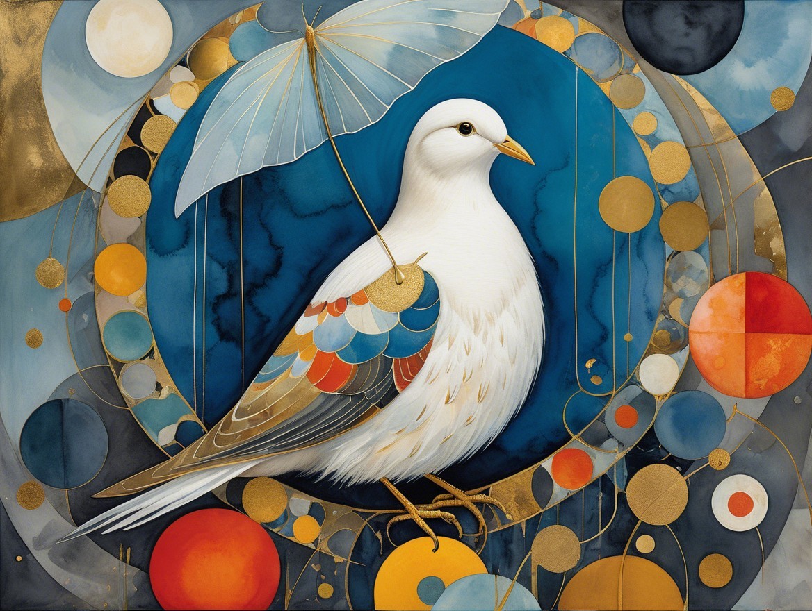 Stylized White Bird Under Umbrella with Vibrant Background