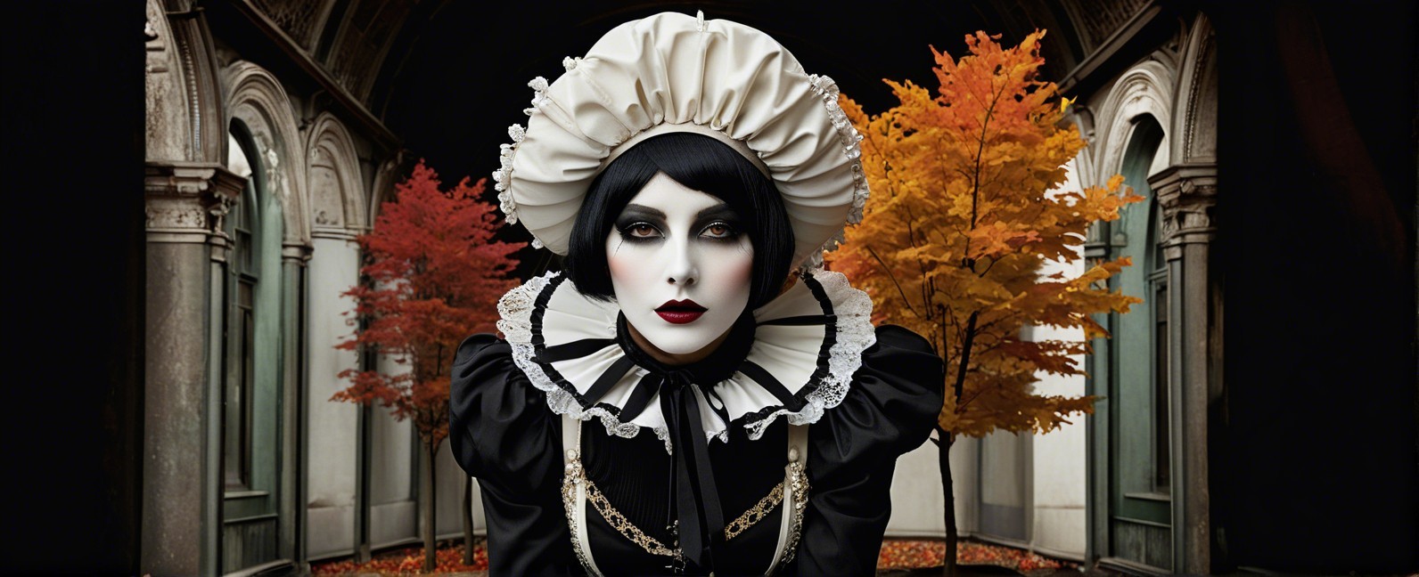 Dramatic Black Attire Against Vibrant Autumn Trees