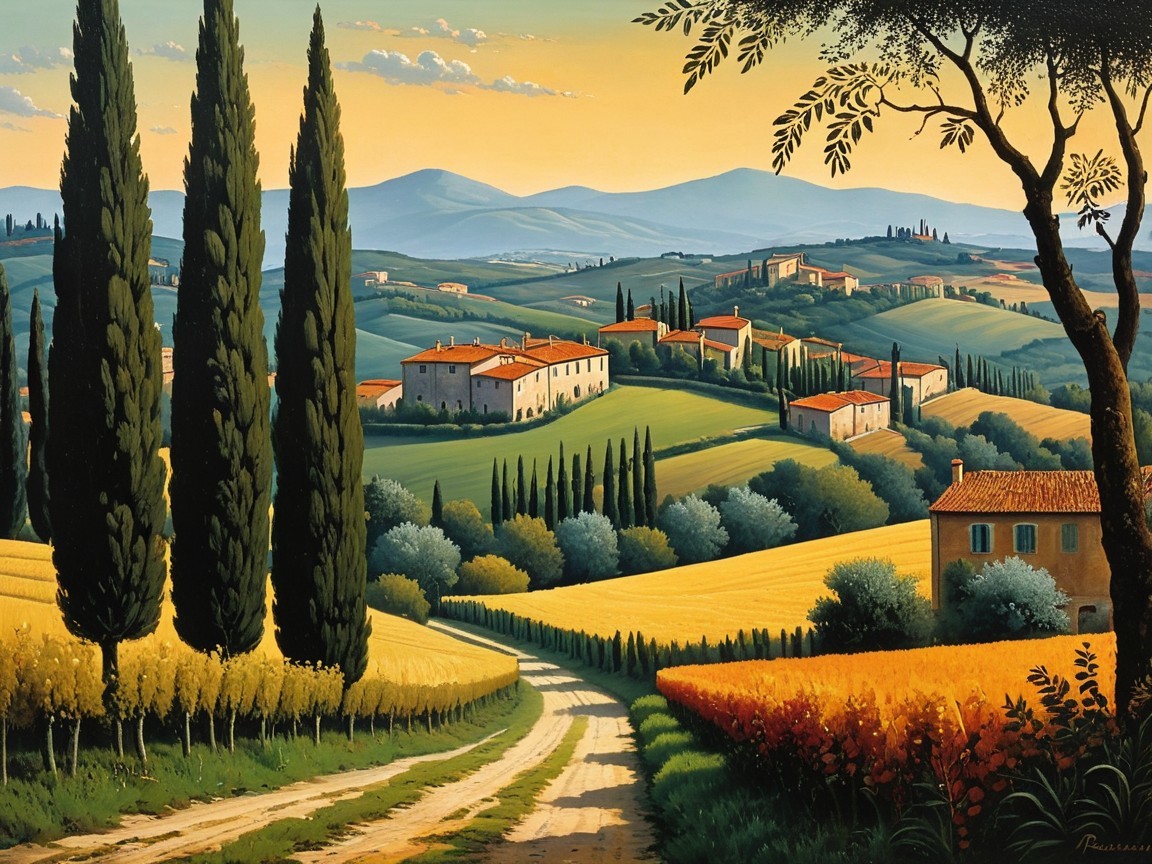 Serene Landscape of Rolling Hills and Villas at Sunset