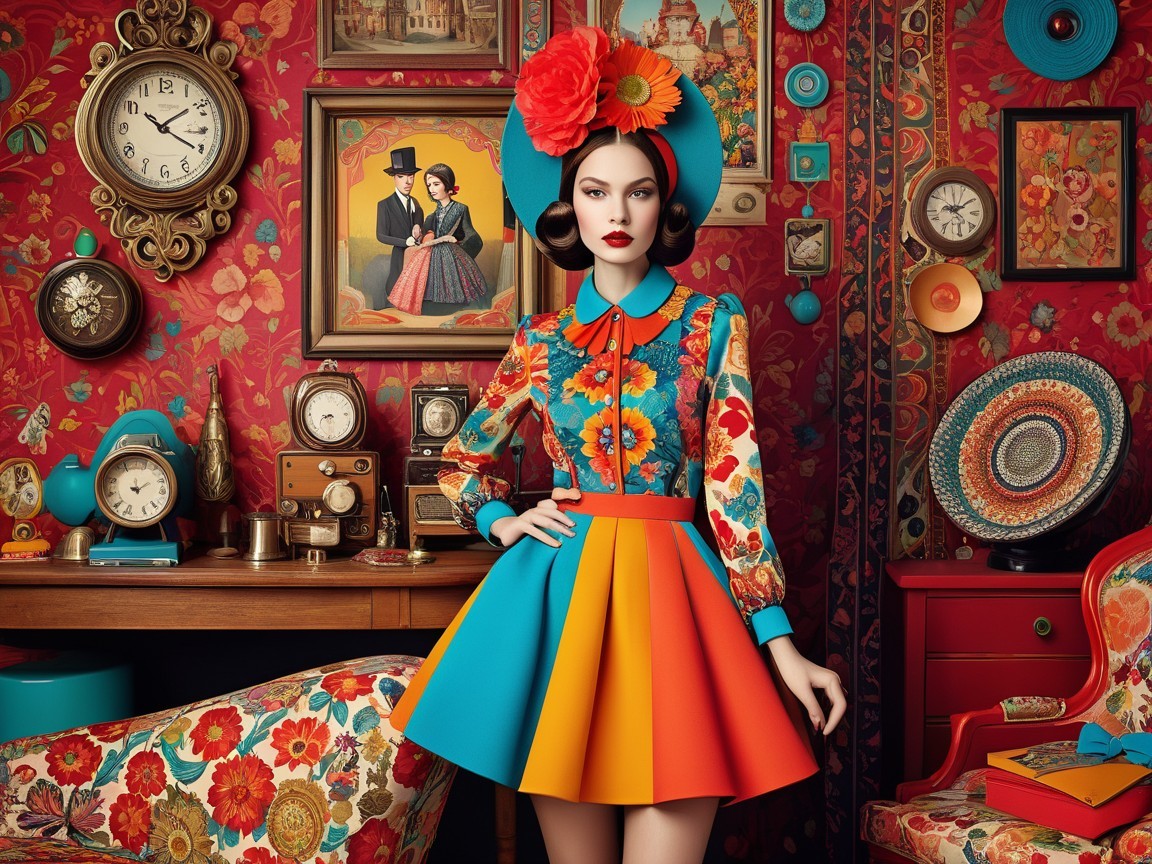 Model in Vintage Room with Floral Decor and Accessories