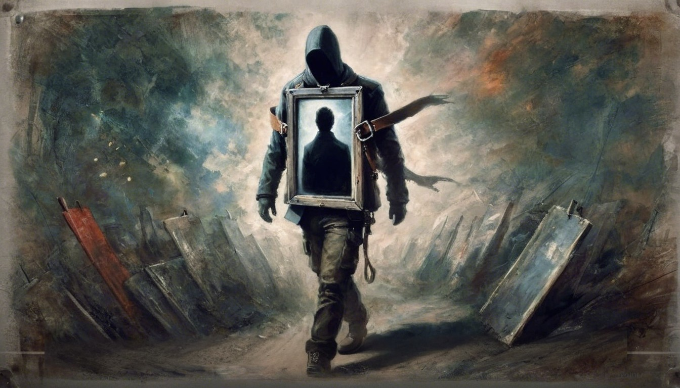 Hooded Figure in Desolate Landscape with Mirror