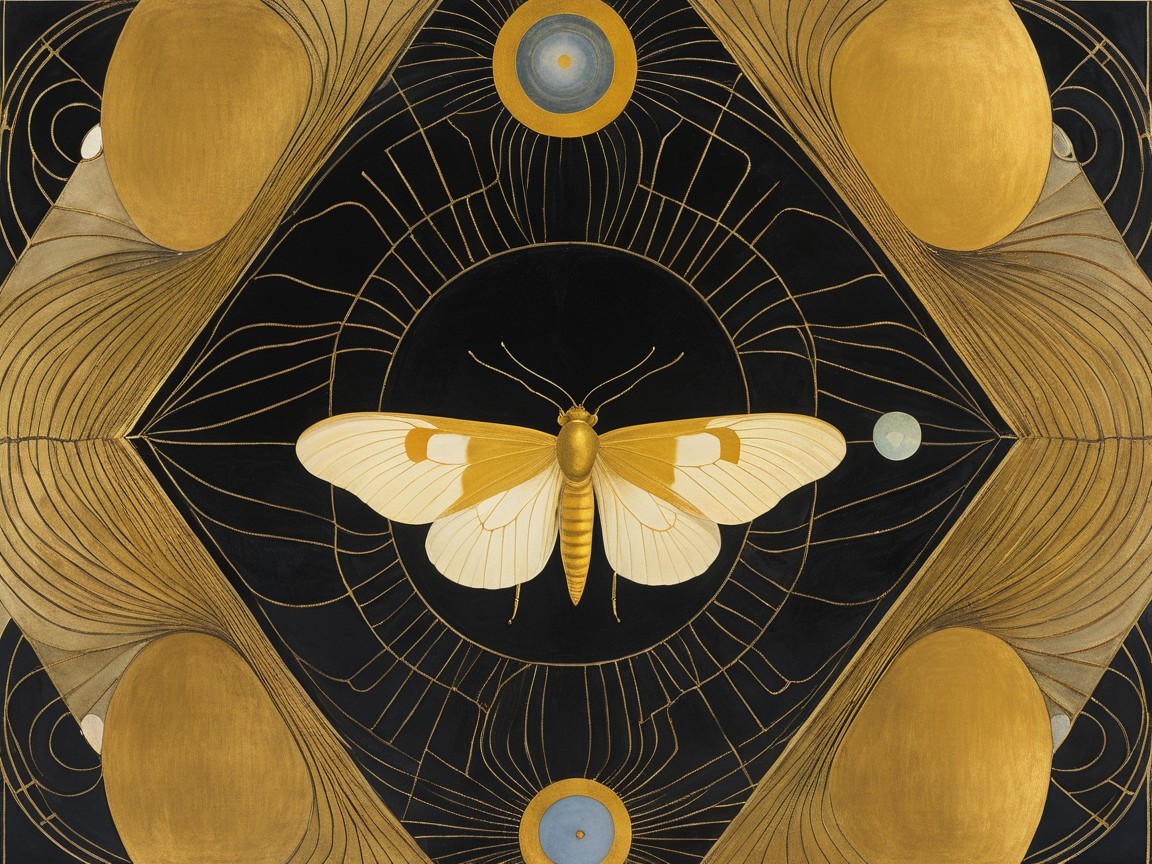 Large pale yellow moth with gold patterns on black