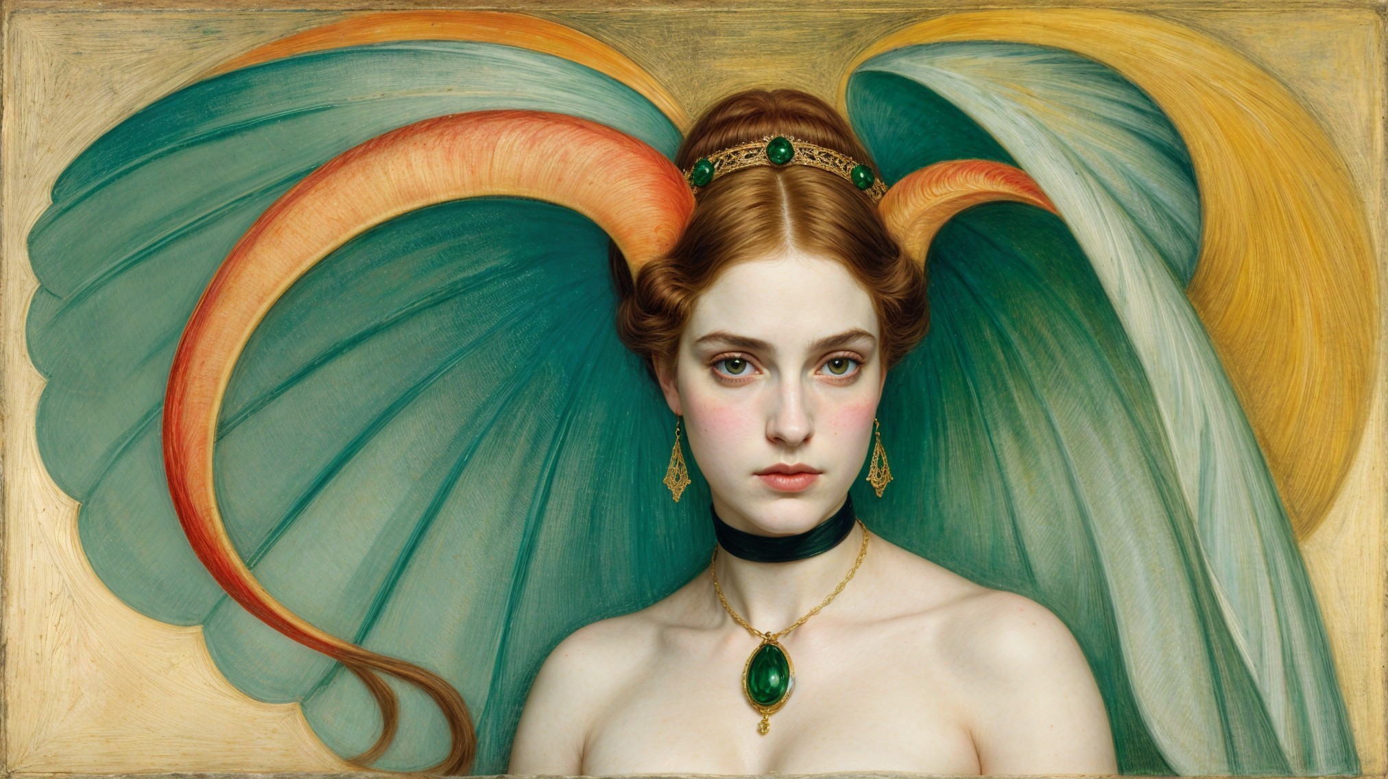 Woman with Green-Tinted Wings and Elegant Jewelry