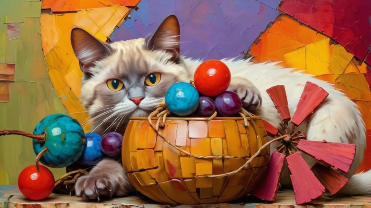 Fluffy Cat with Blue Eyes Next to Colorful Stones