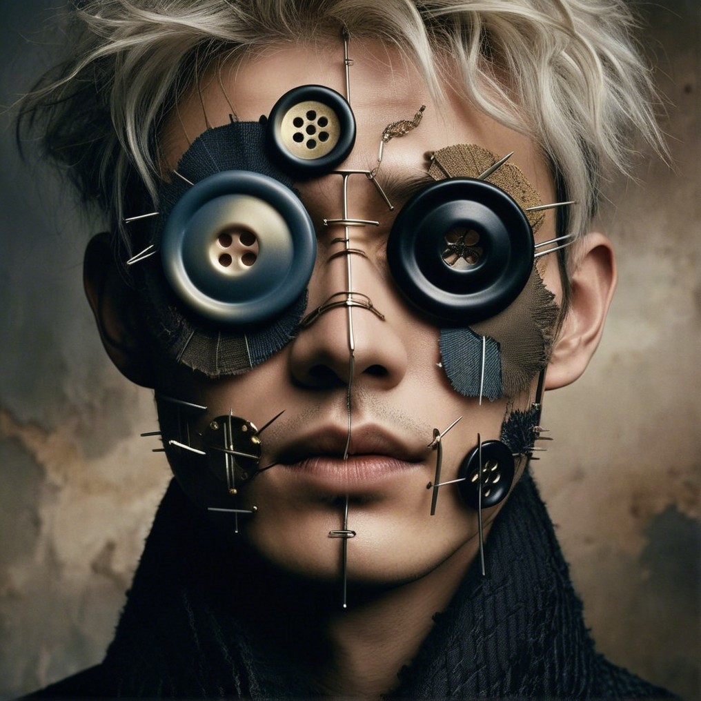 Surreal Portrait with Buttons and Safety Pins