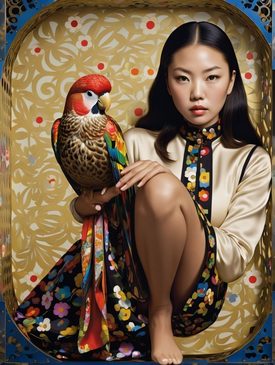 Young woman in floral dress with colorful parrot