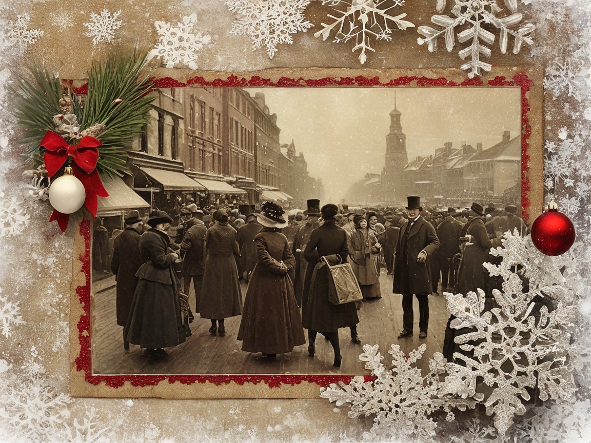 Vintage Sepia Christmas Card with Street Scene and Snowflakes