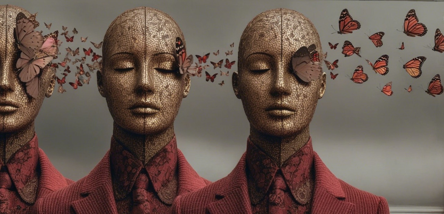 Stylized Mannequin Heads in Red Suits with Butterflies