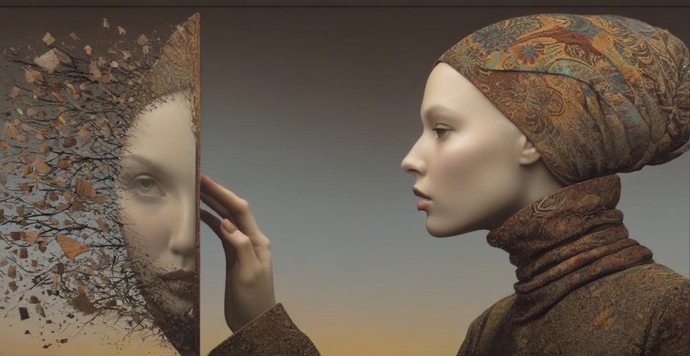 Woman in Headscarf Reflects in Fragmented Mirror