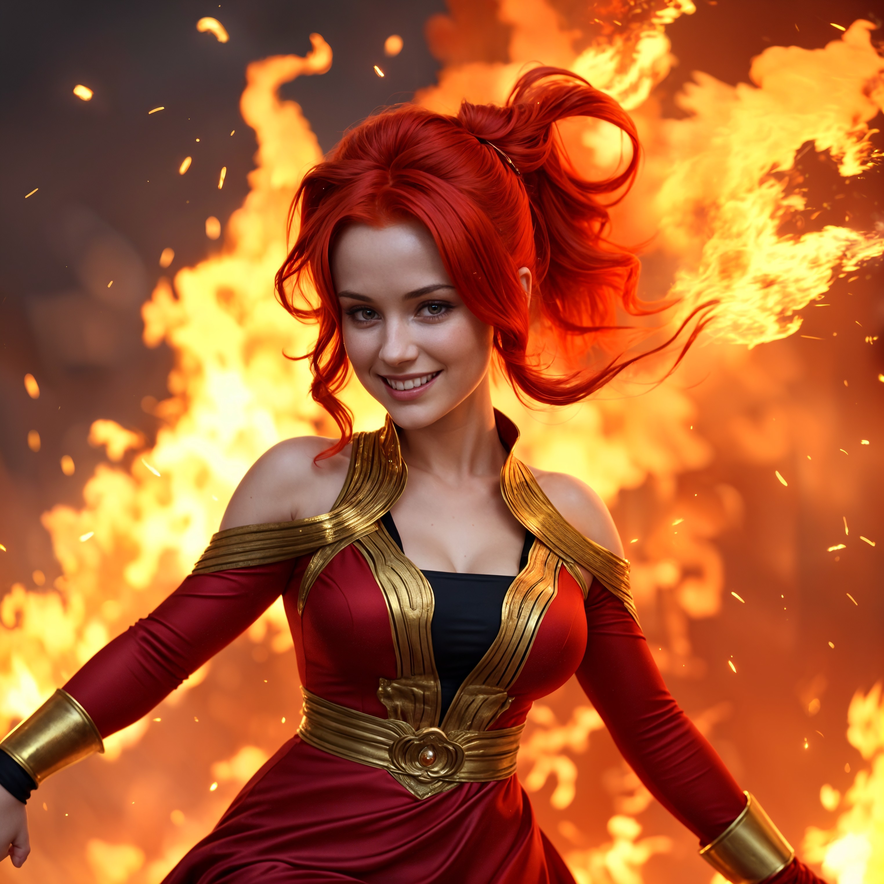 Young woman in red dress with flames backdrop