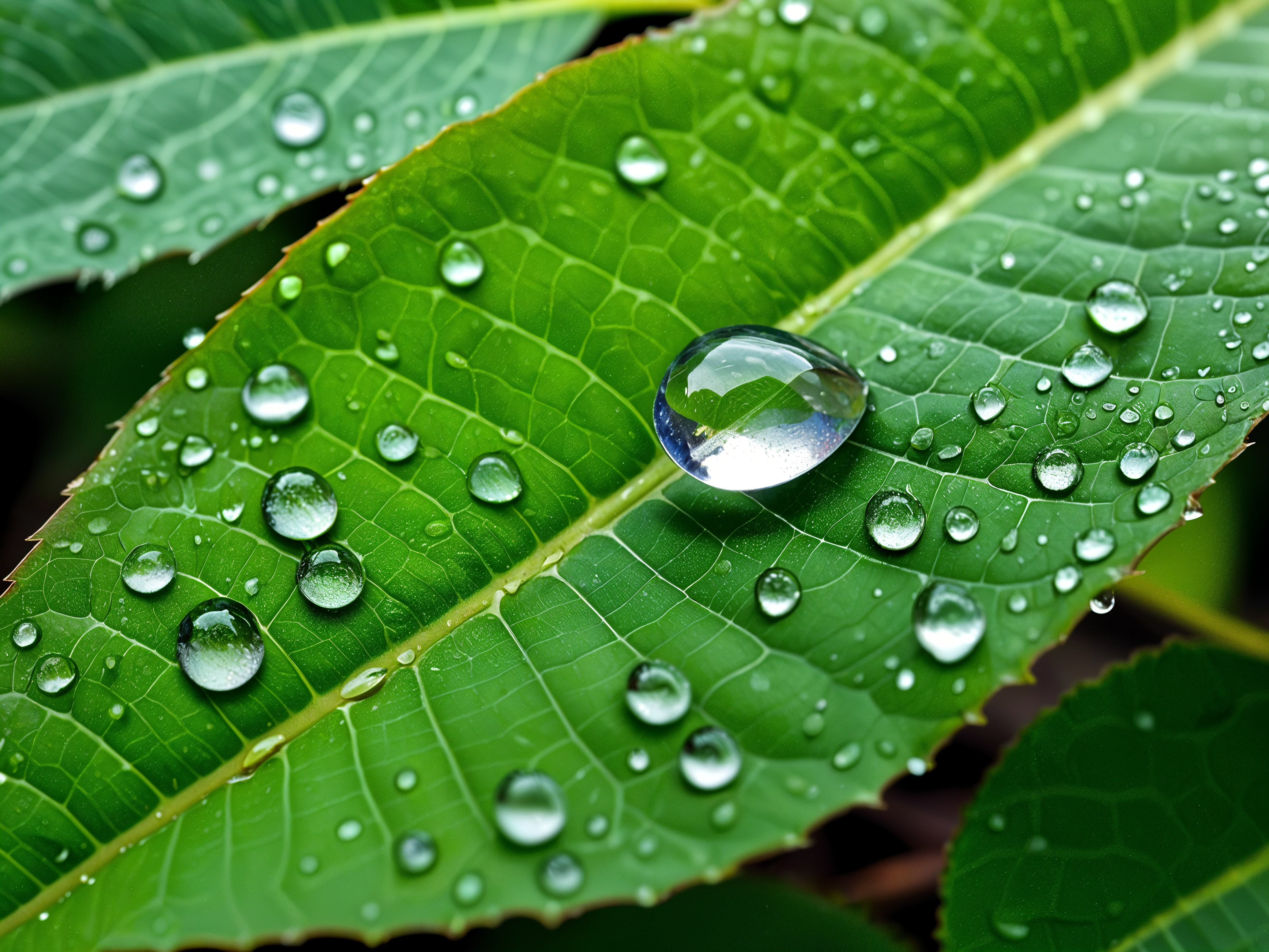 Vibrant Green Leaves with Water Droplets and Texture