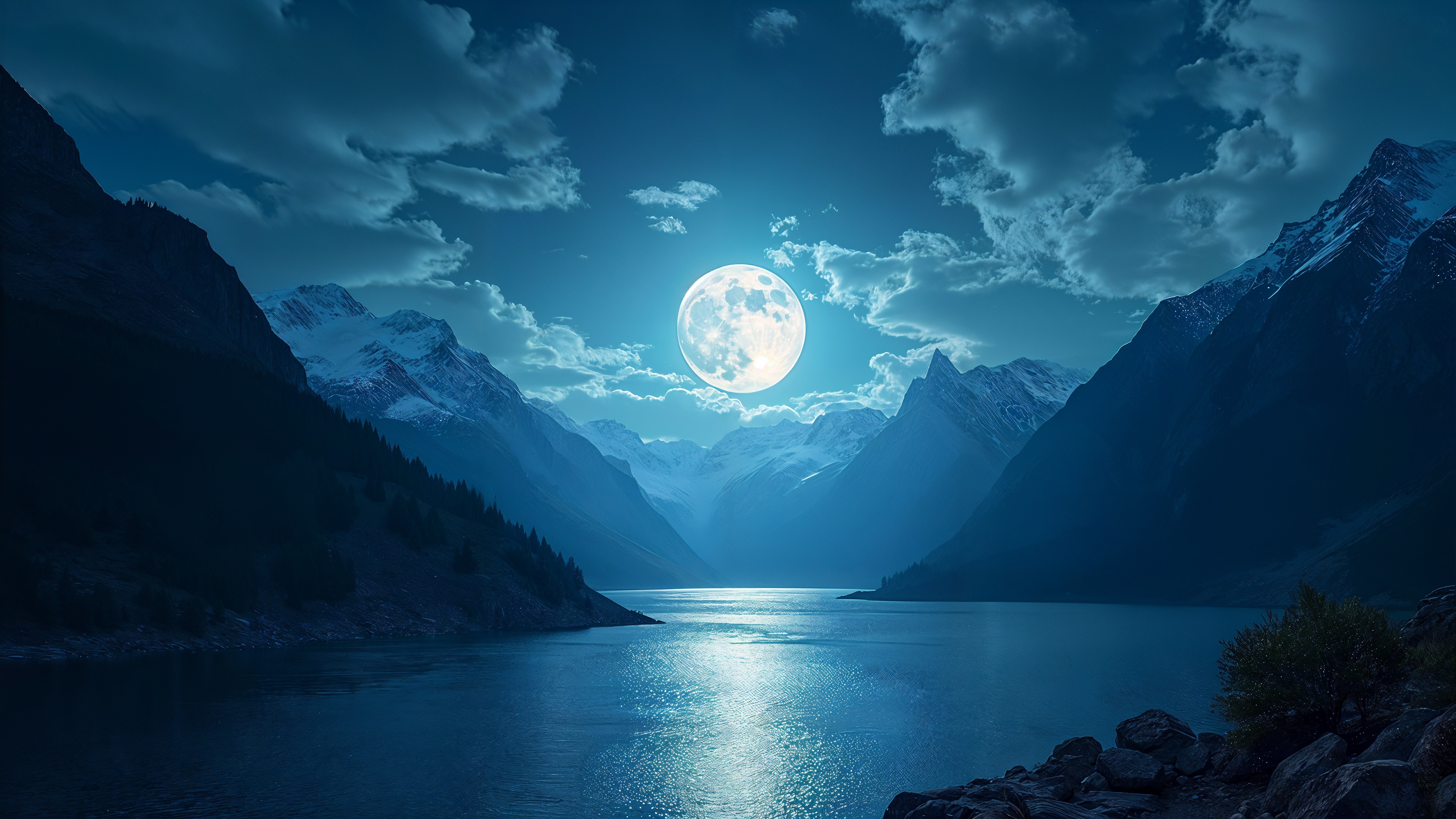 Serene Nighttime Landscape with Full Moon and Lake