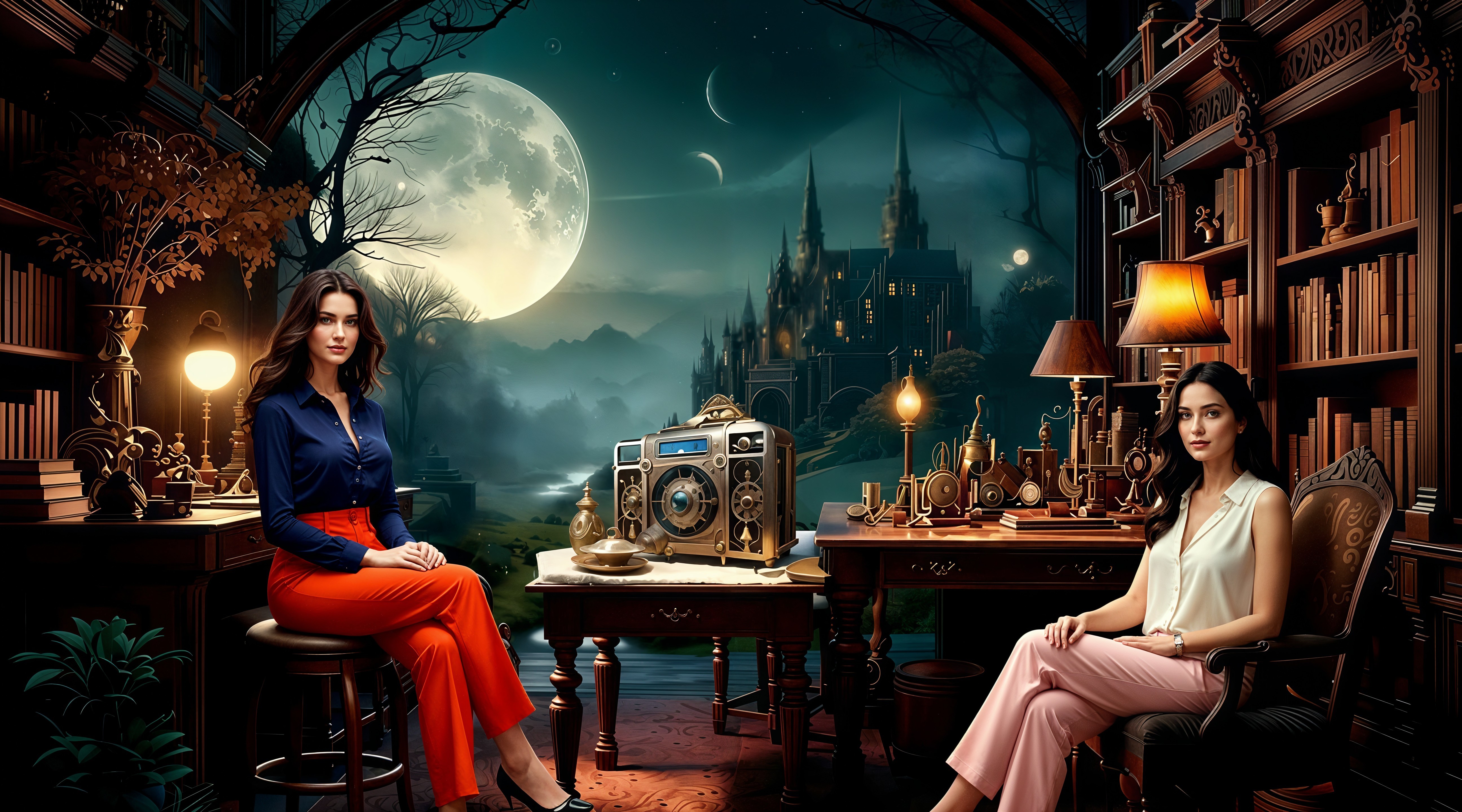 Women in Vintage Study with Steampunk Decor and Moonlight