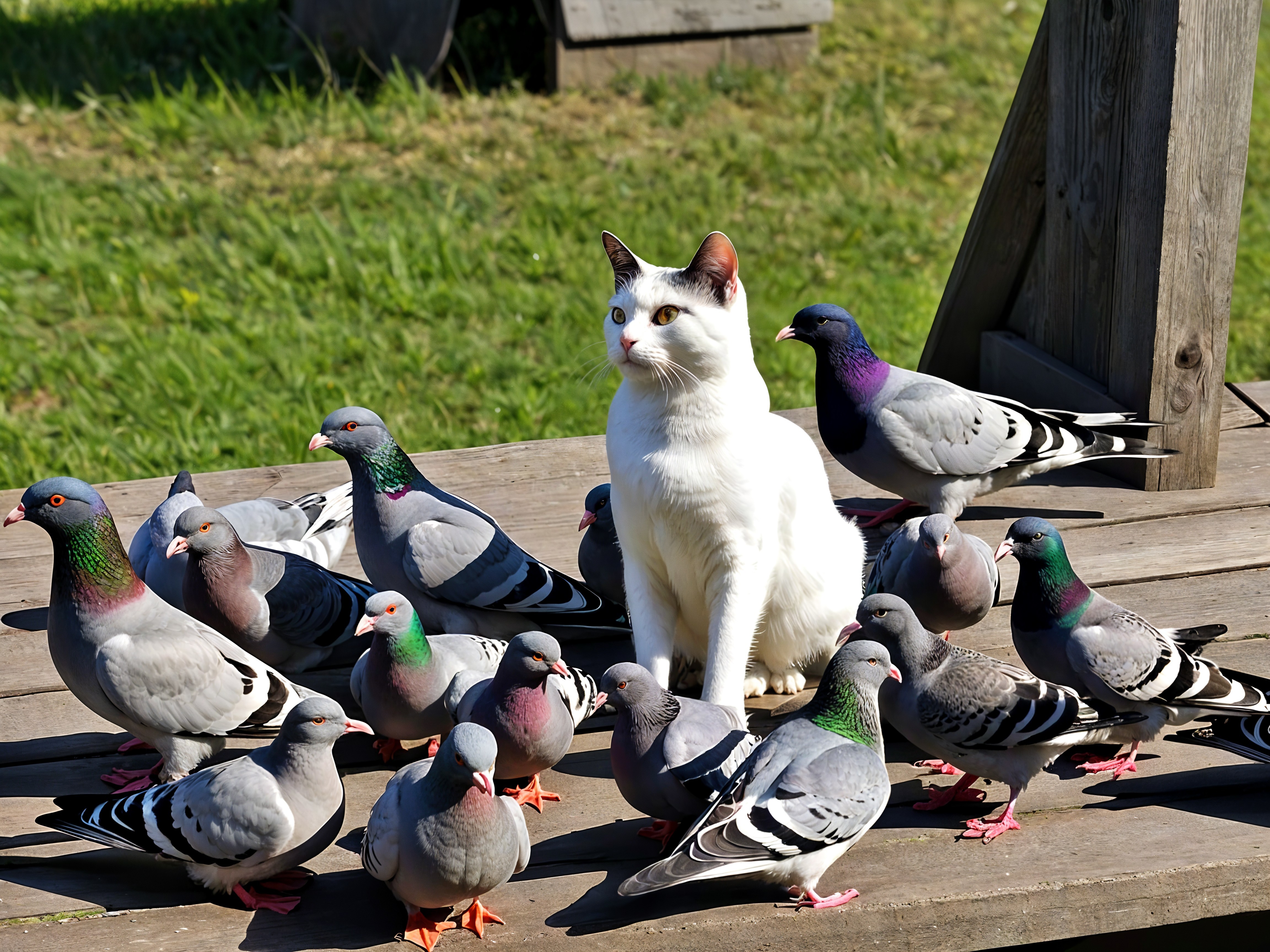 Cat and Pigeons on Wooden Deck in Summer Sunlight