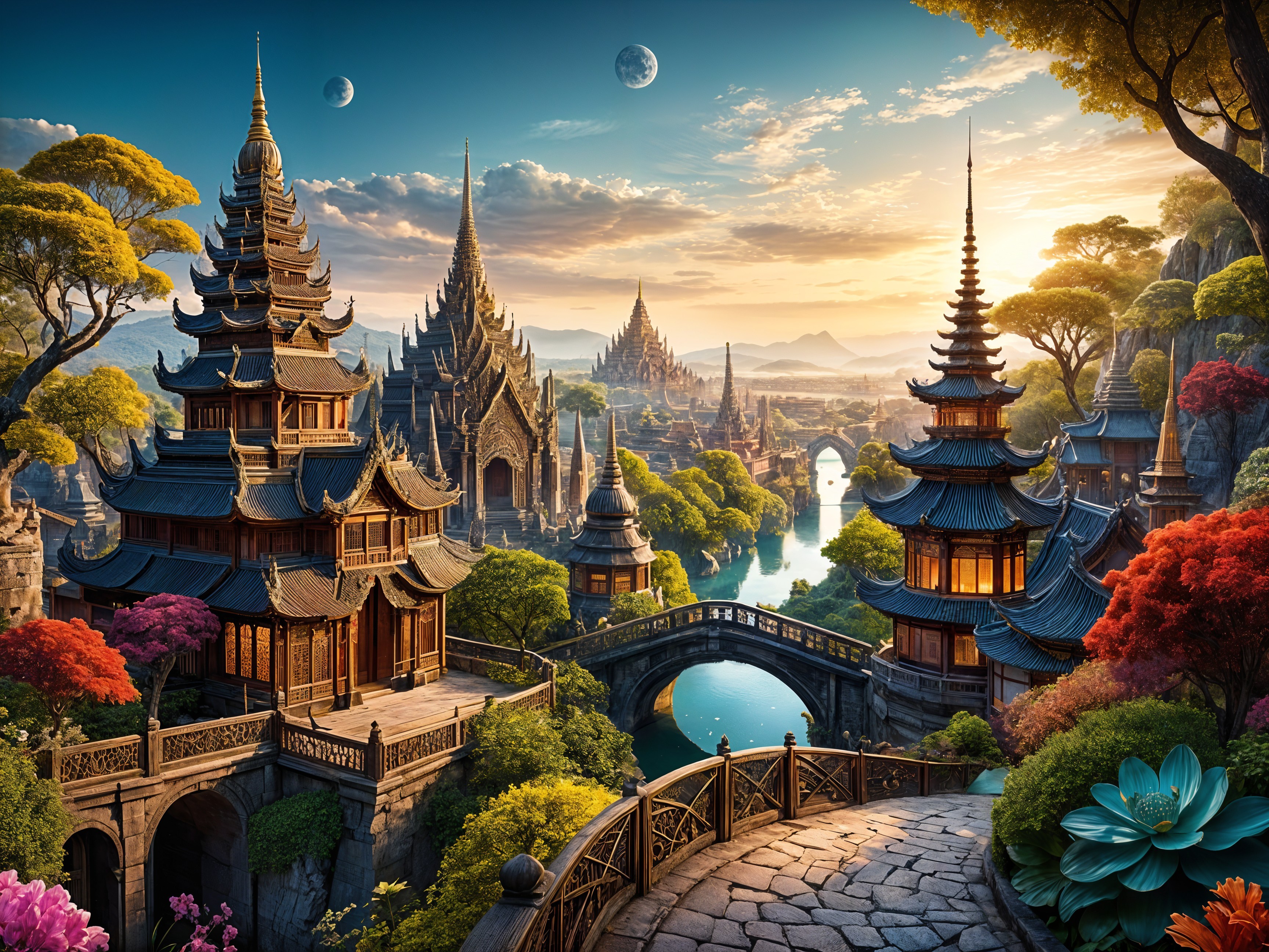 Fantasy Landscape with Pagodas and Majestic Mountains