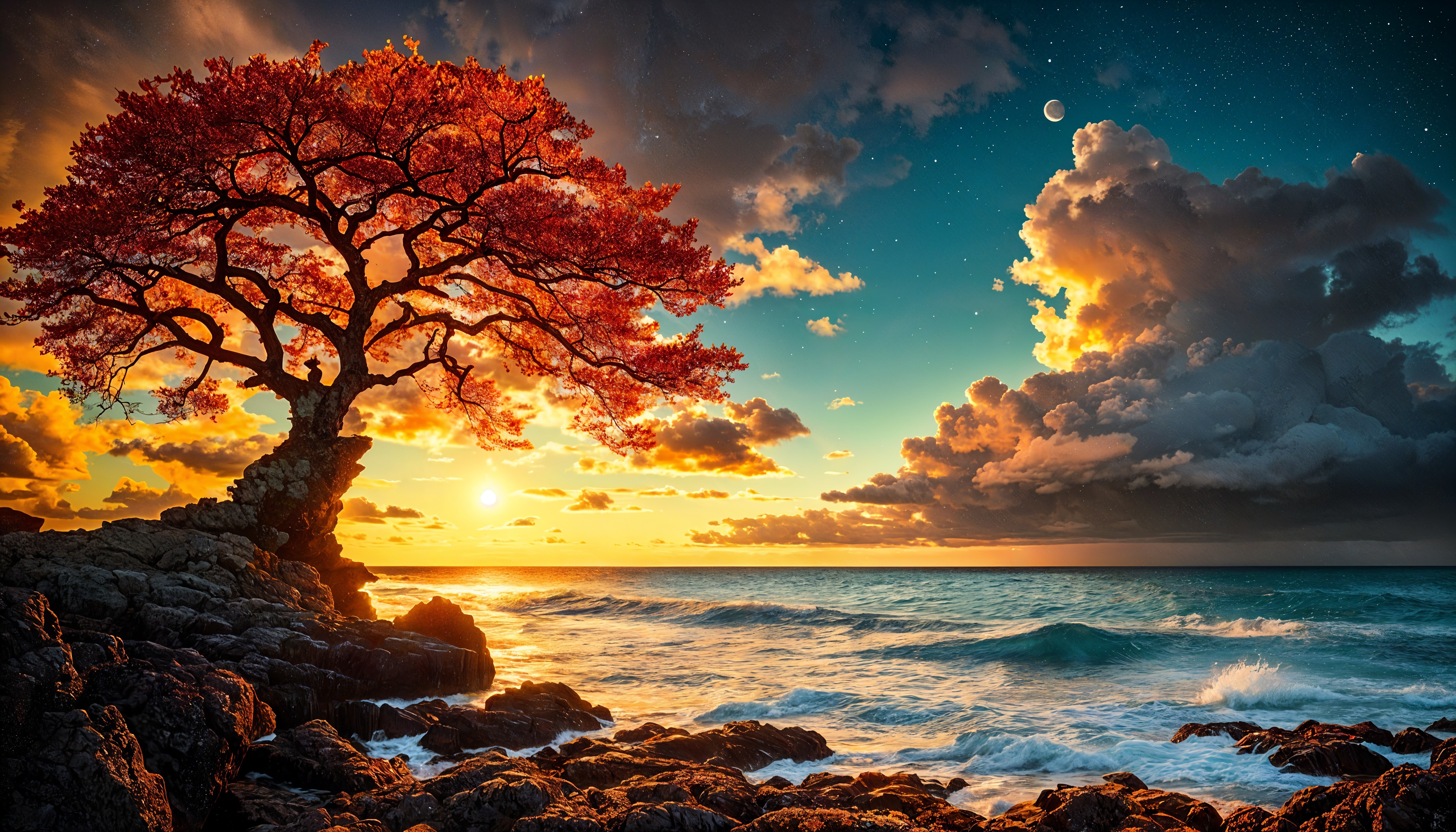 Majestic tree with red leaves at sunset by ocean