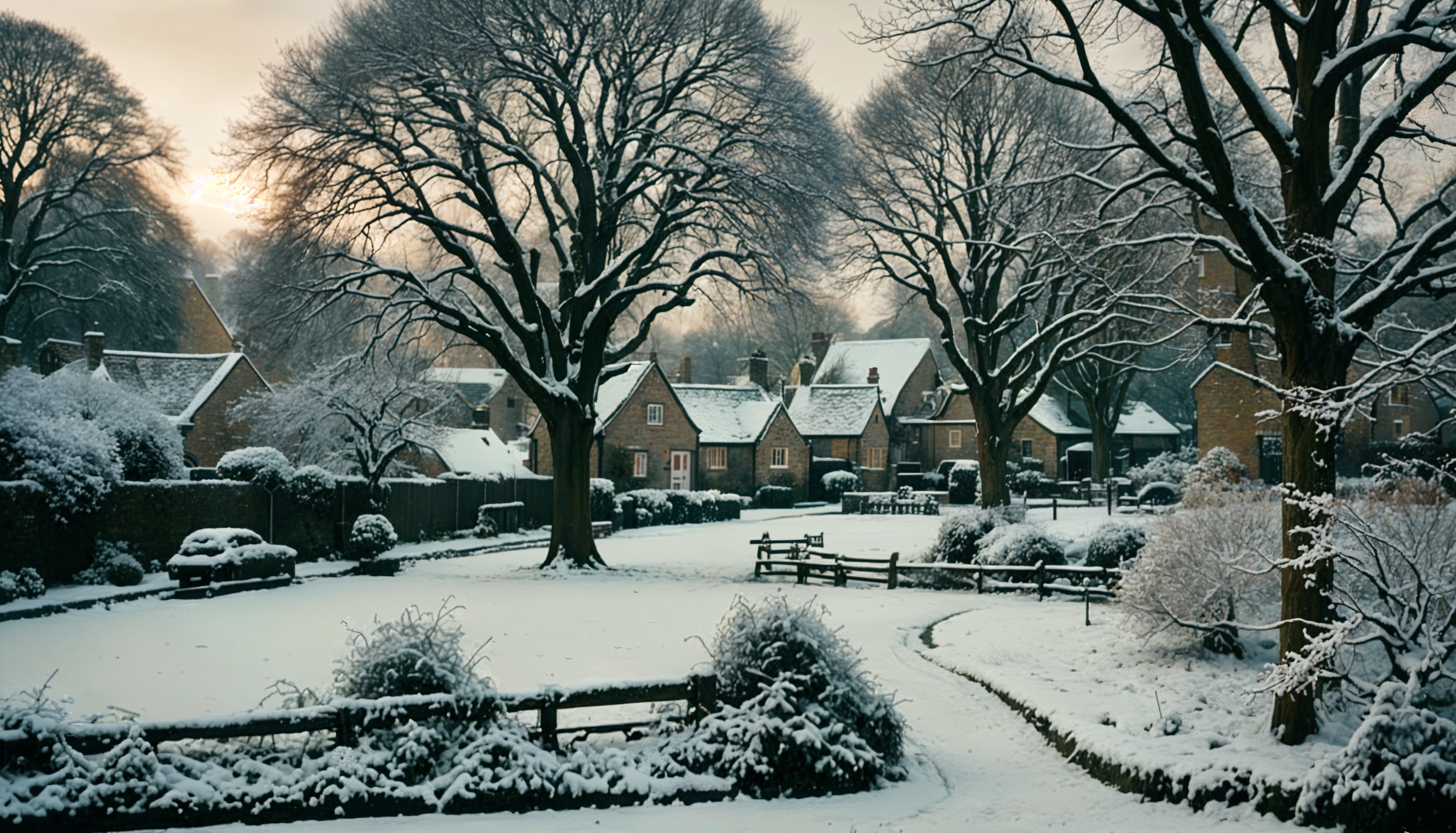 Winter Village Scene with Snow-Covered Houses