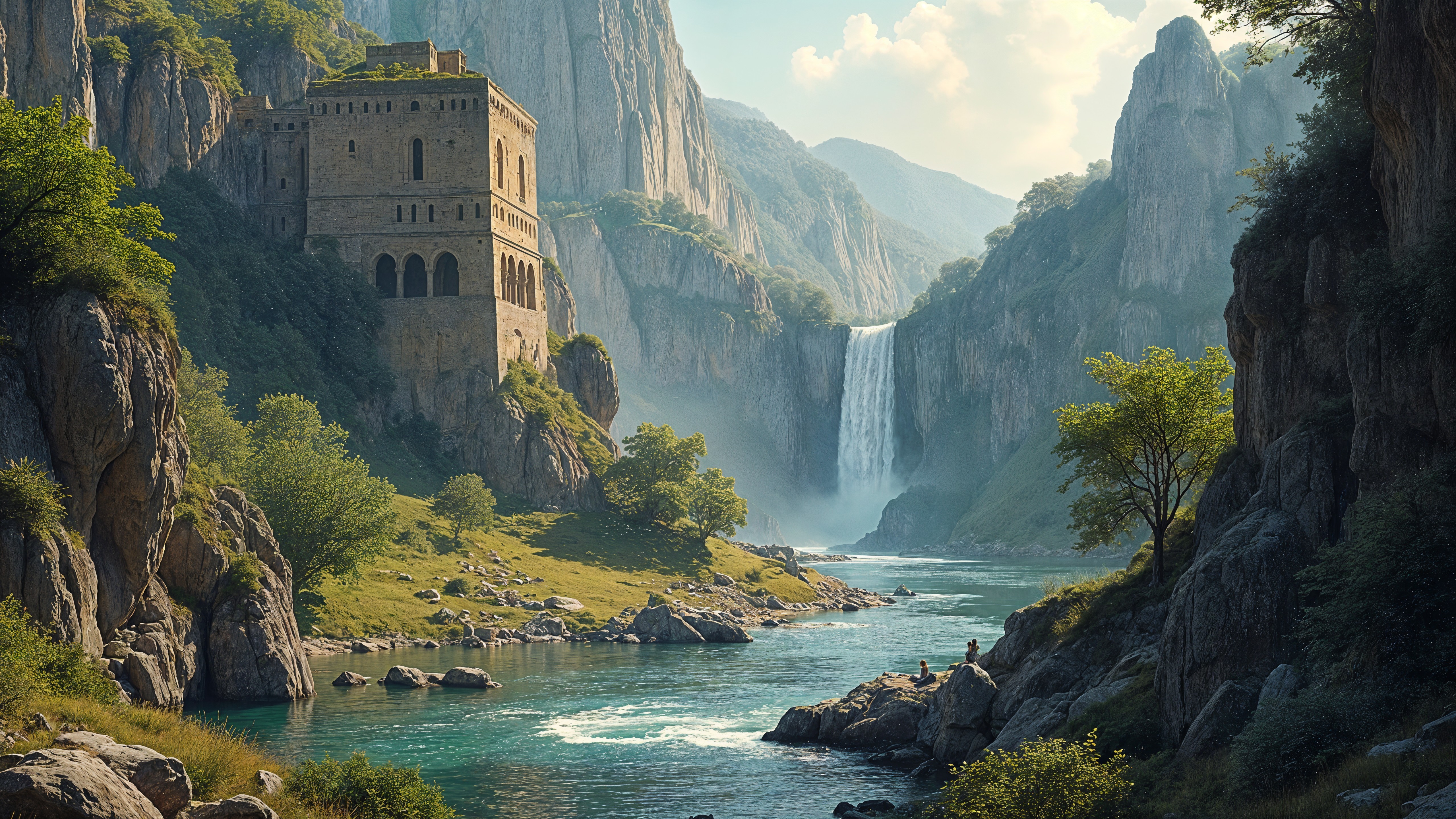 Ancient Castle Overlooking River and Waterfall Scene