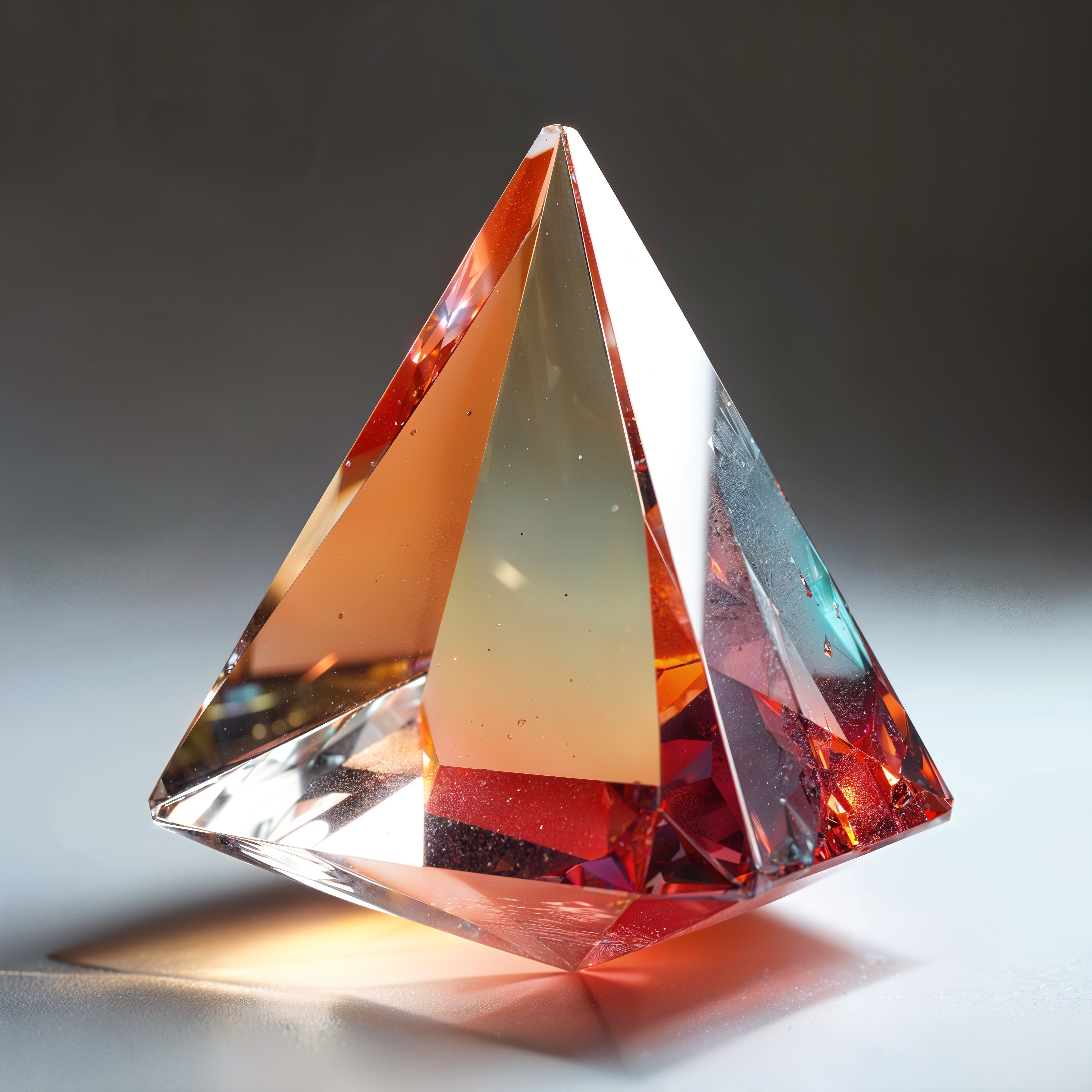 Multifaceted Crystal Pyramid with Red and Orange Hues