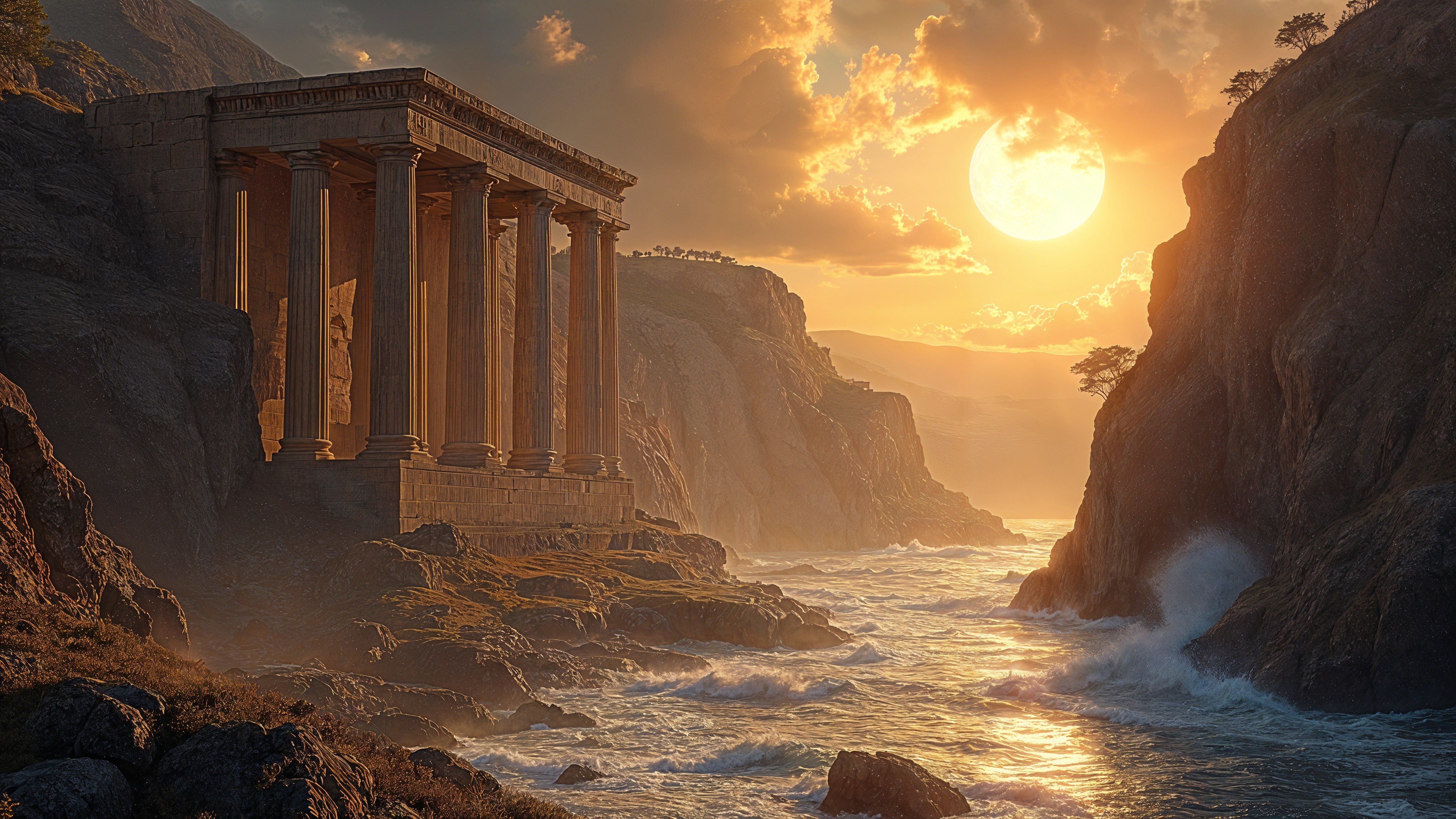 Ancient Temple on Cliffs at Sunset with Dramatic Sky