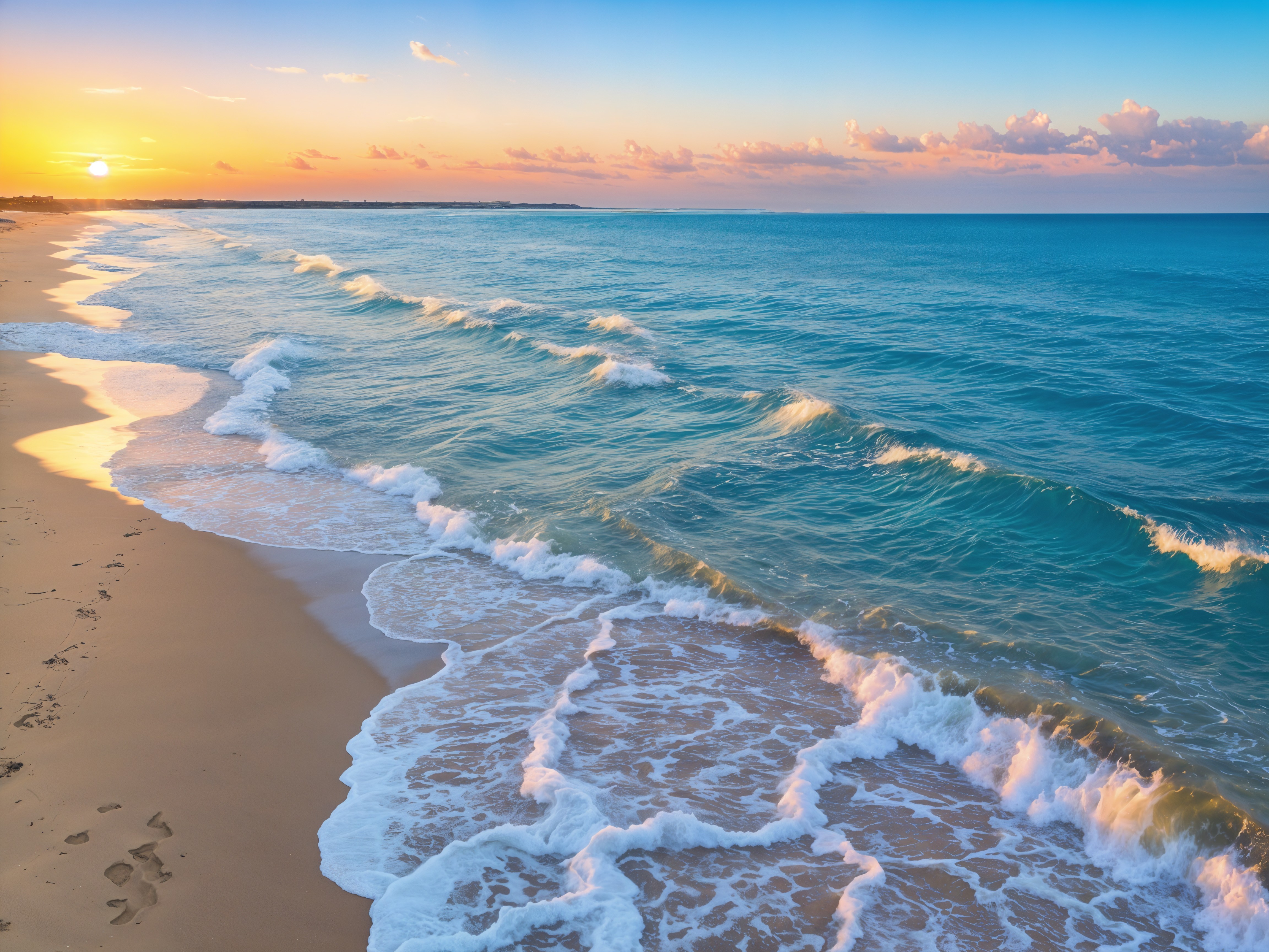 Serene Beach Sunset with Calm Waters and Footprints