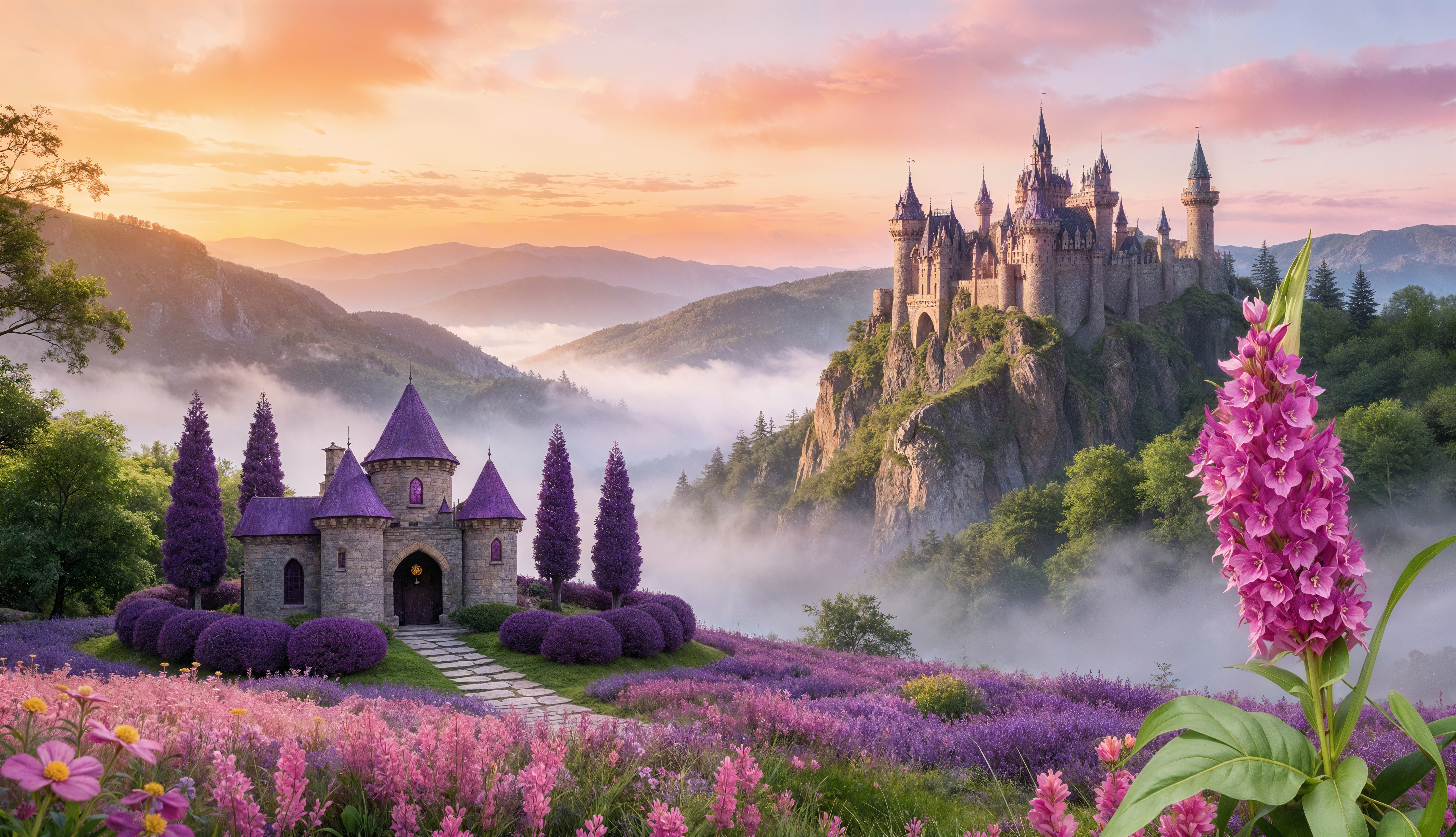 Fairytale Landscape with Castles and Flowers at Sunset