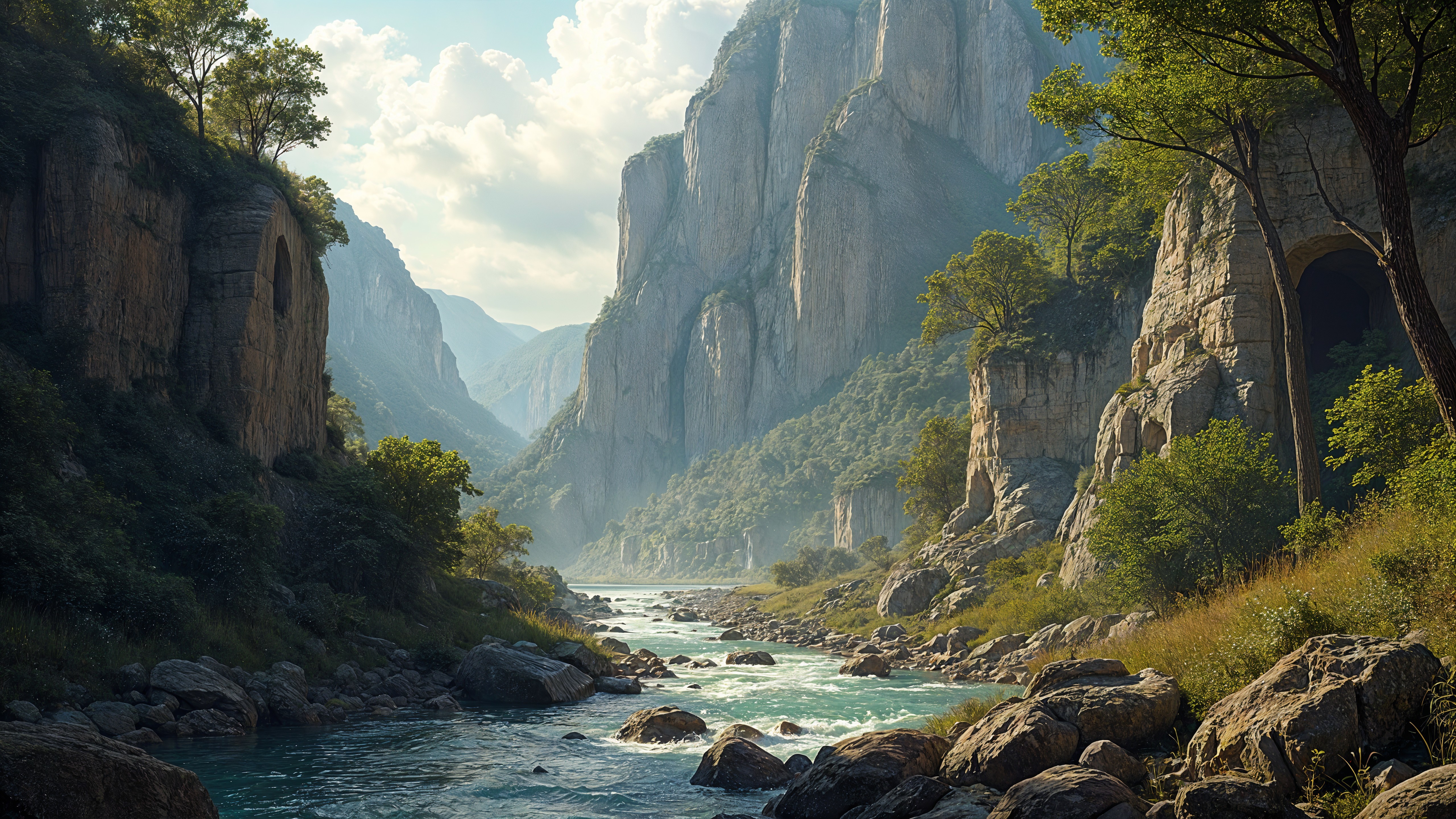 Serene Landscape with River and Towering Mountains