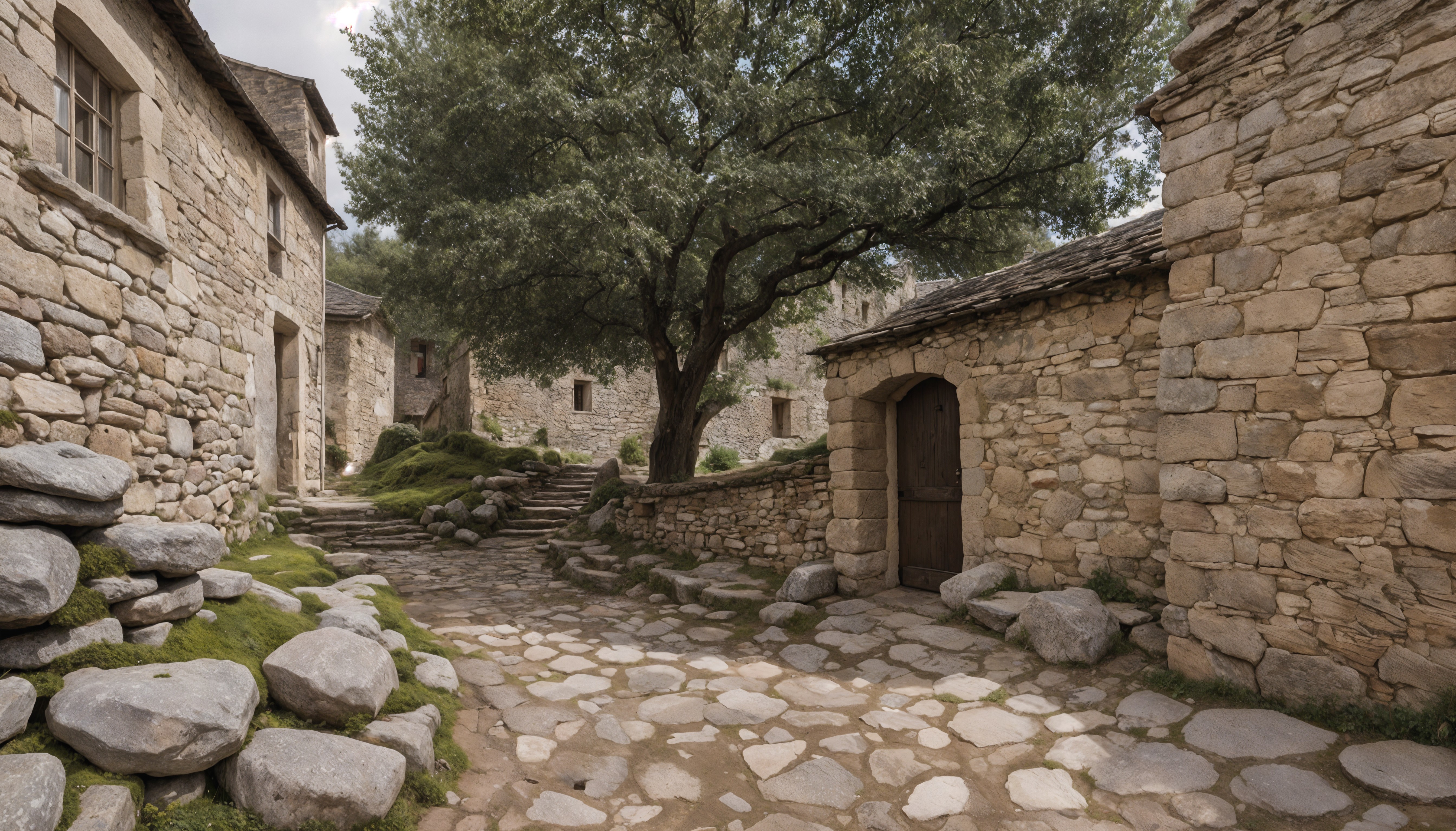 Rustic Village with Stone Buildings and Greenery