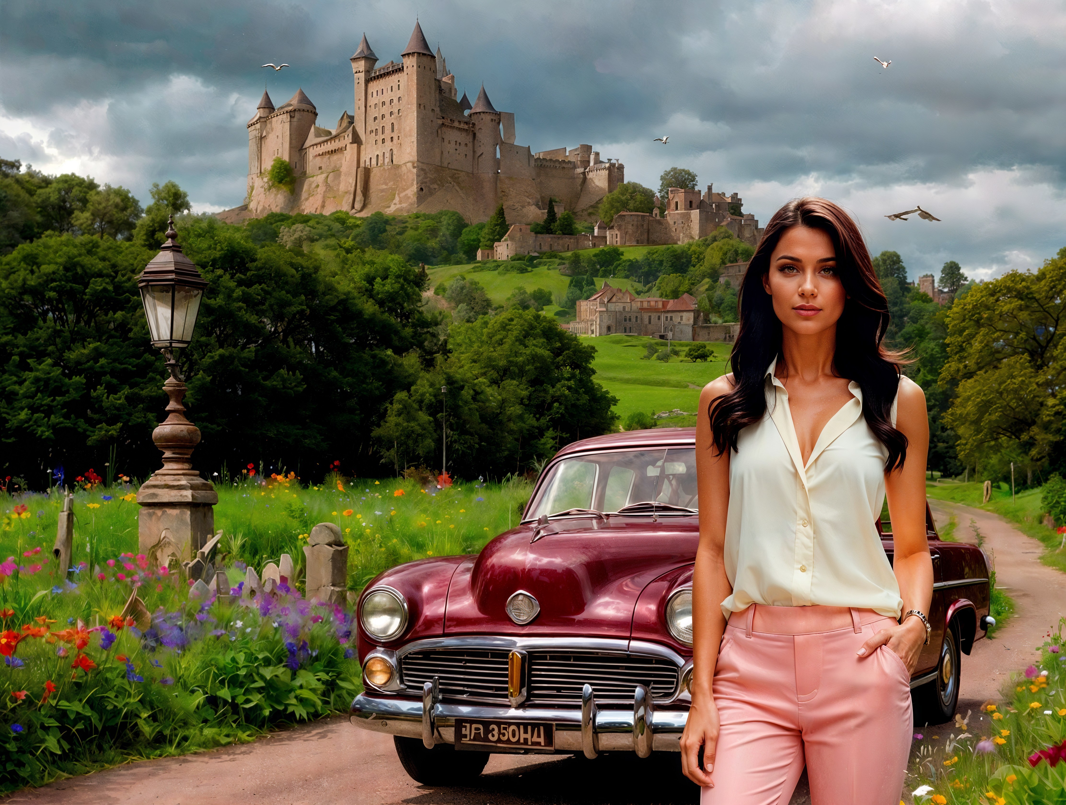Woman in Cream Blouse by Vintage Car and Wildflowers