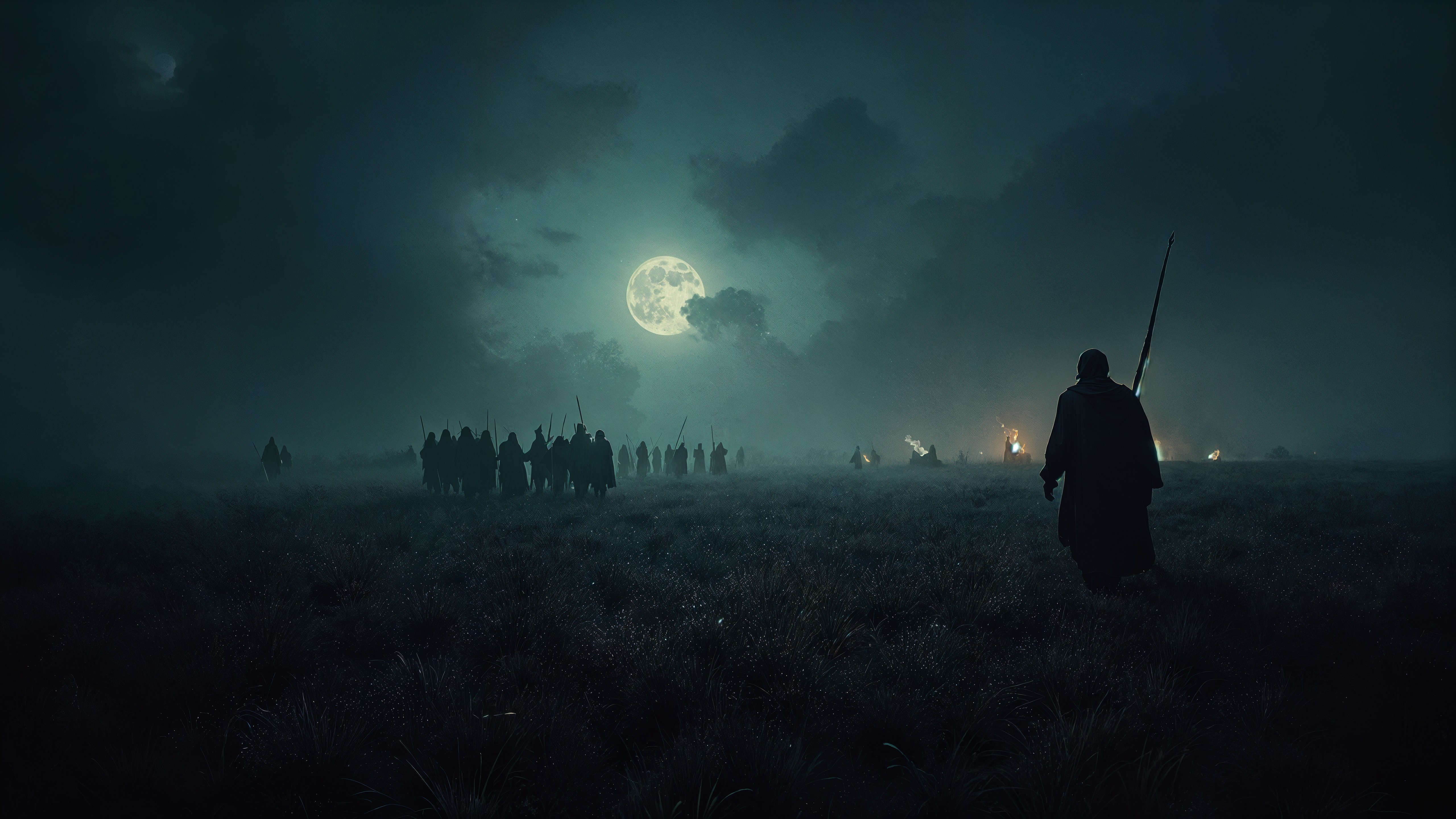 Misty Moonlit Landscape with Shadowy Warriors