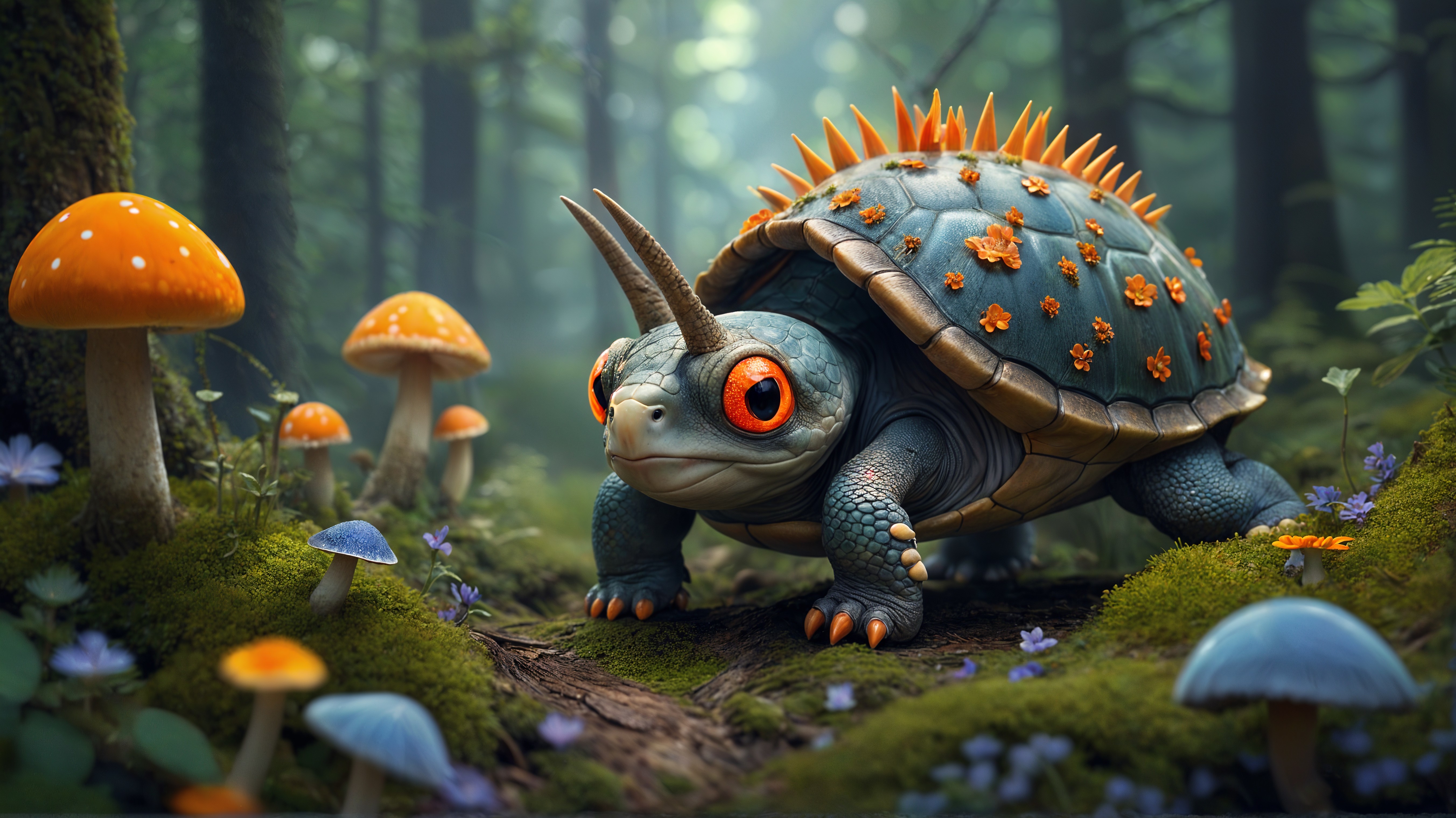 Whimsical Turtle in a Vibrant Enchanted Forest