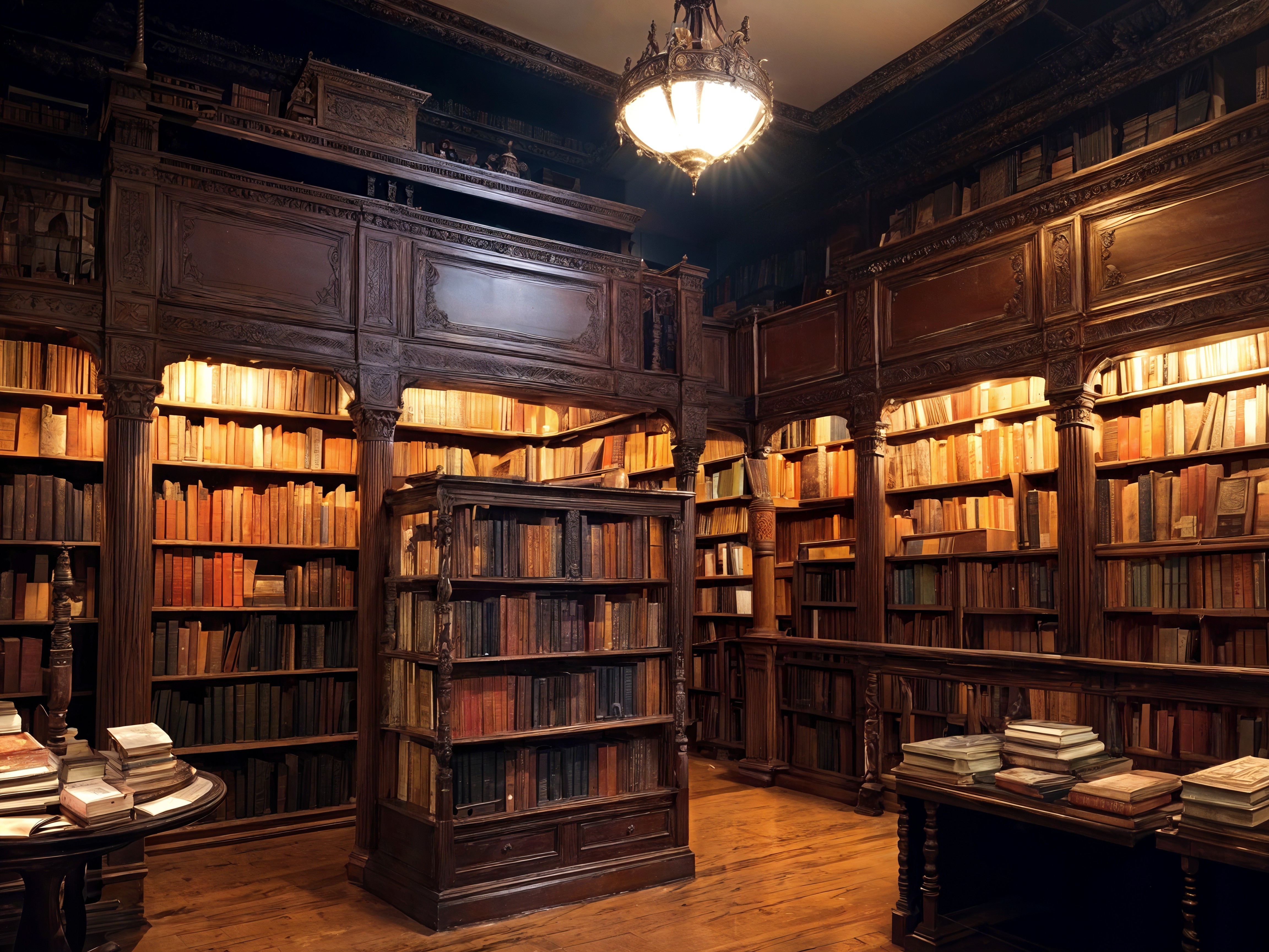 Vintage Library with Wooden Shelves and Chandelier