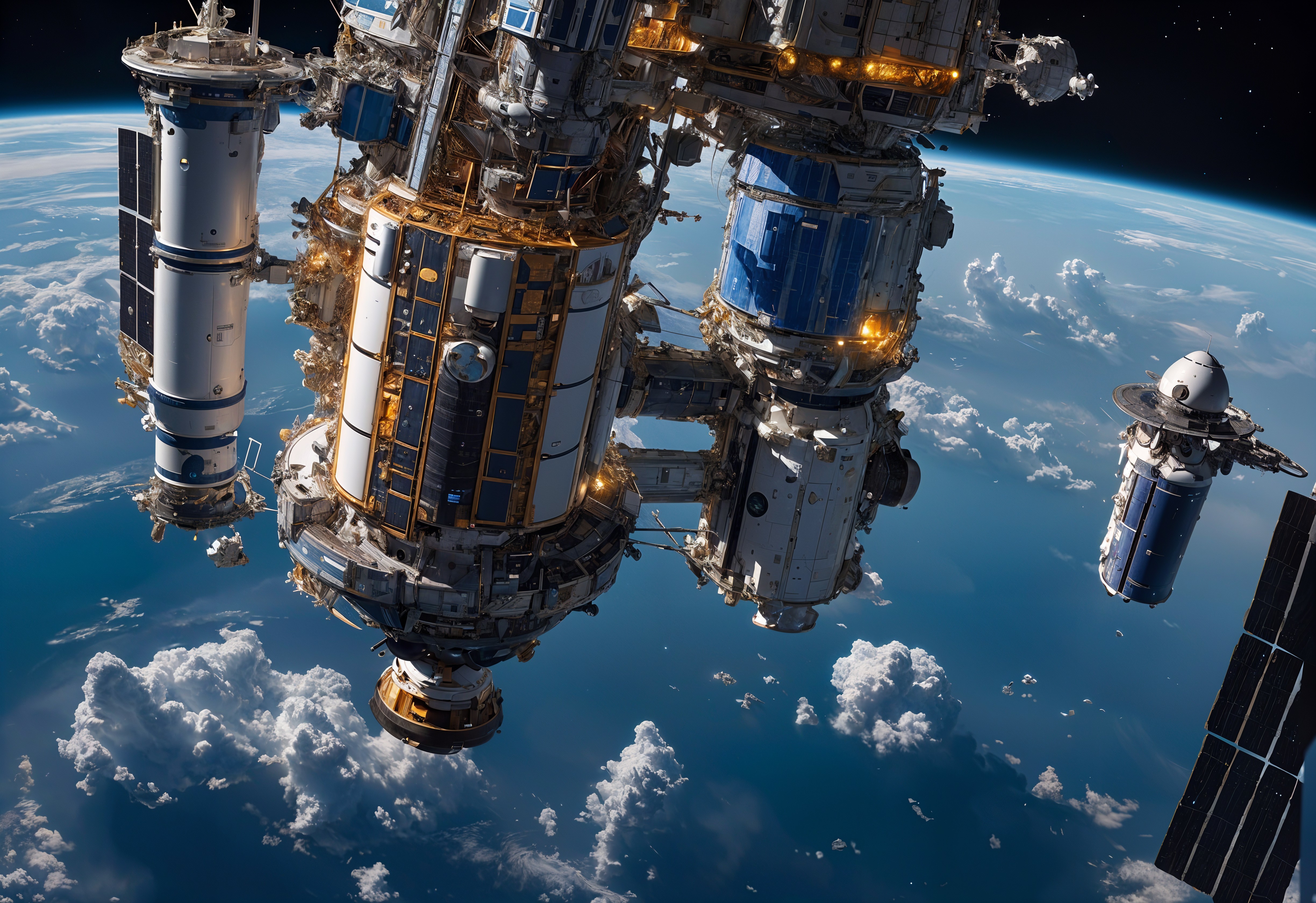 Futuristic Space Station Orbiting Earth with Modules