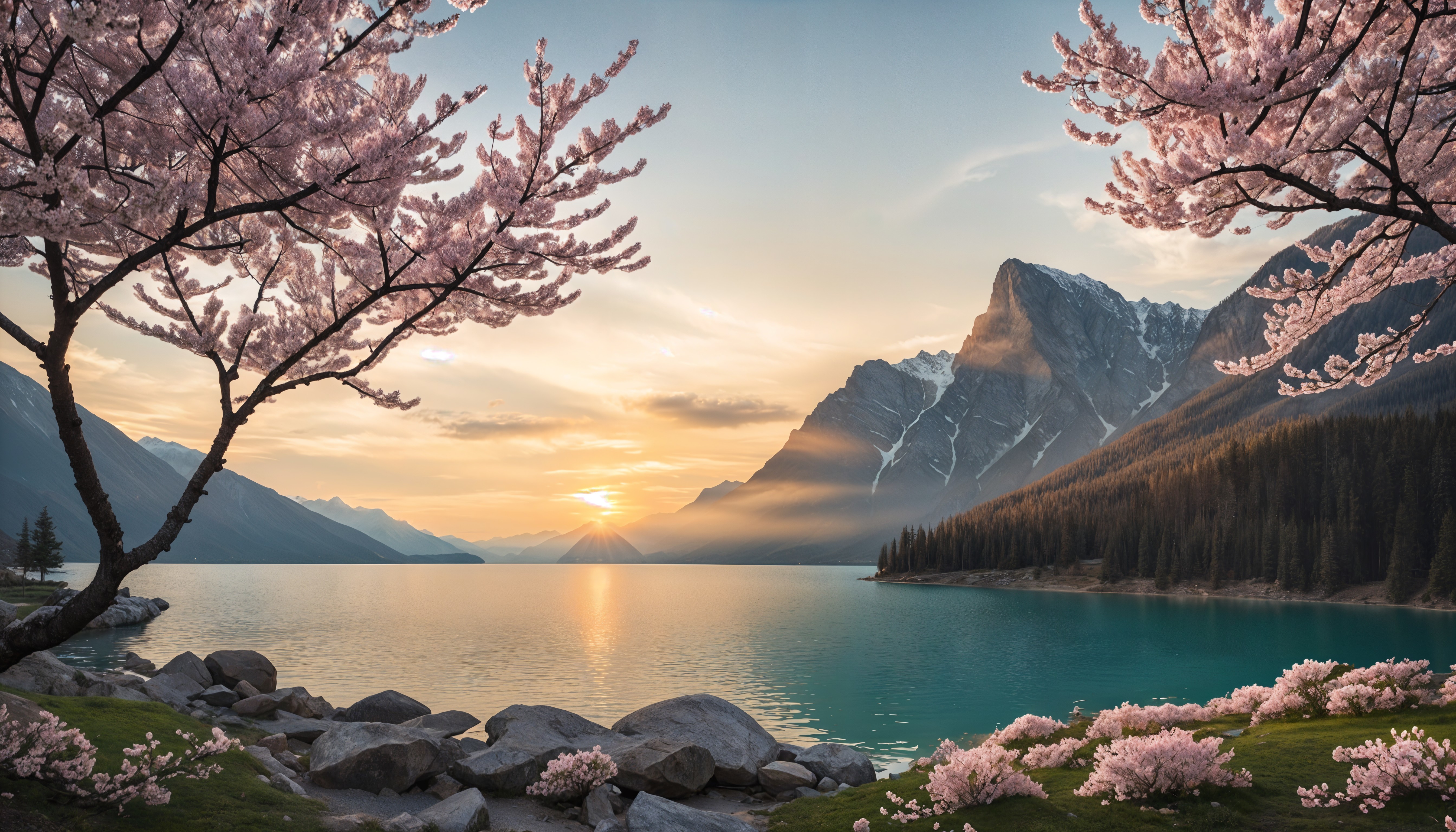 Serene Sunset Landscape with Lake and Cherry Blossoms