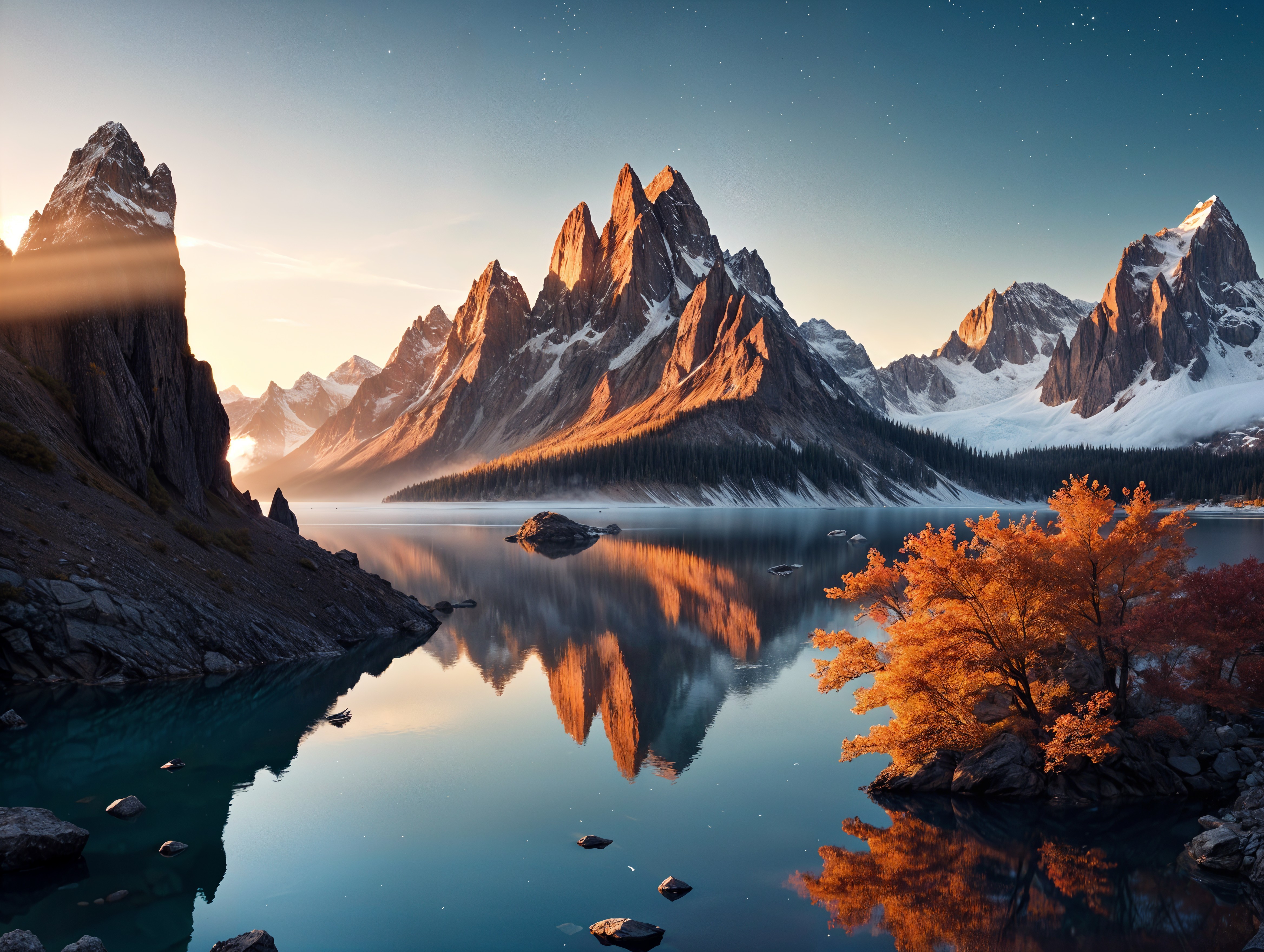 Mountain Landscape at Sunrise with Reflective Lake