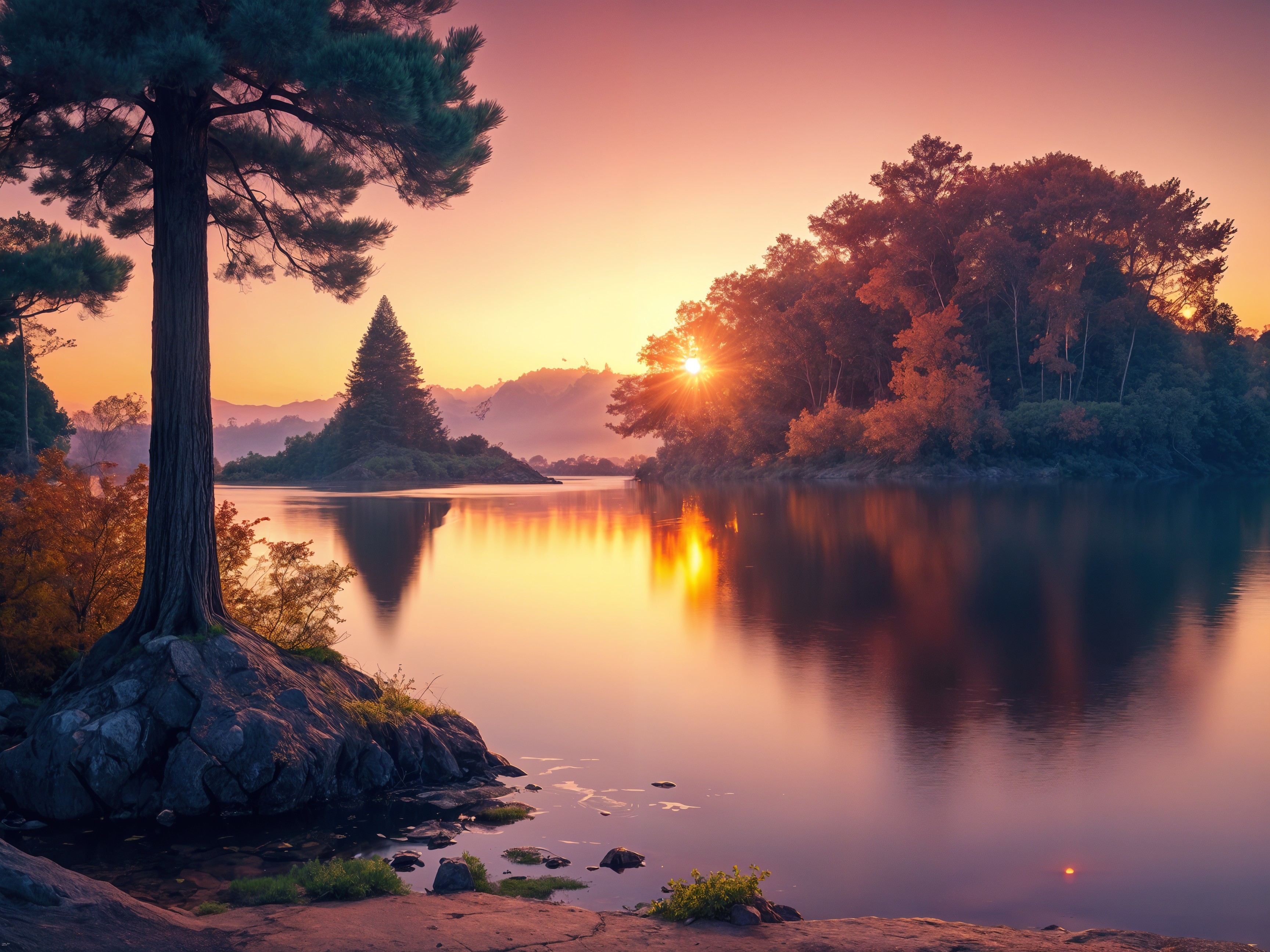 Serene Sunrise Landscape with Calm Lake and Trees