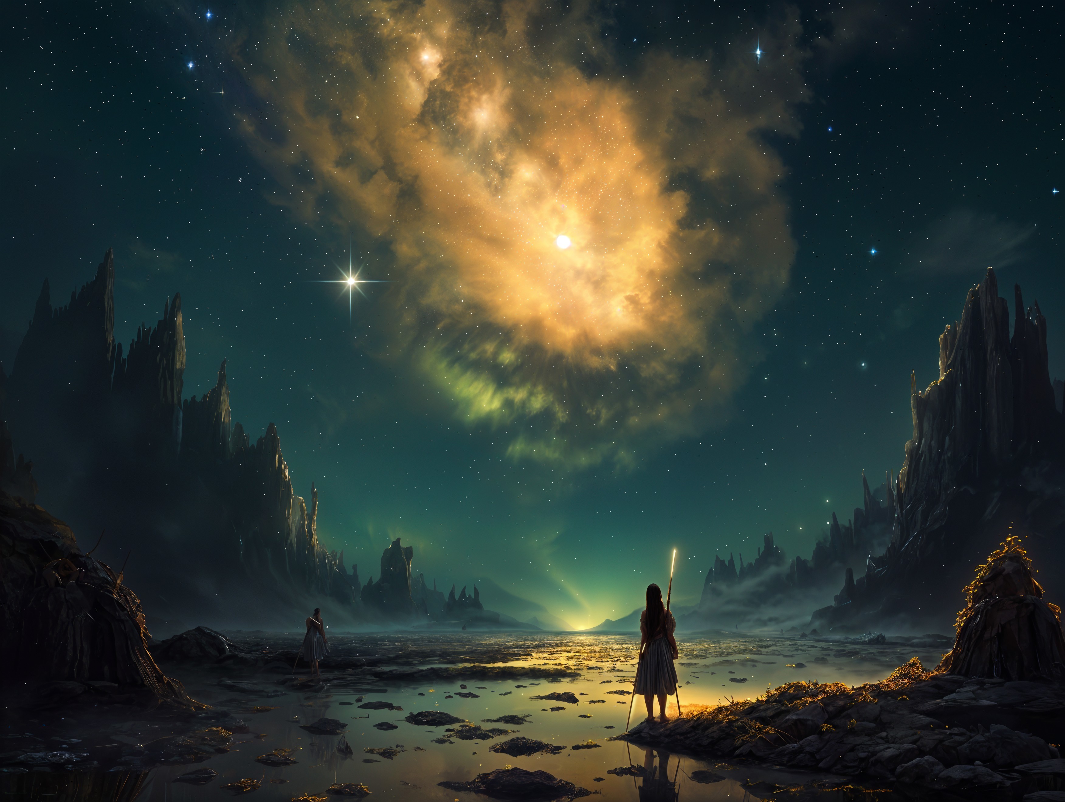Surreal Landscape with Cosmic Cloud and Rocky Formations
