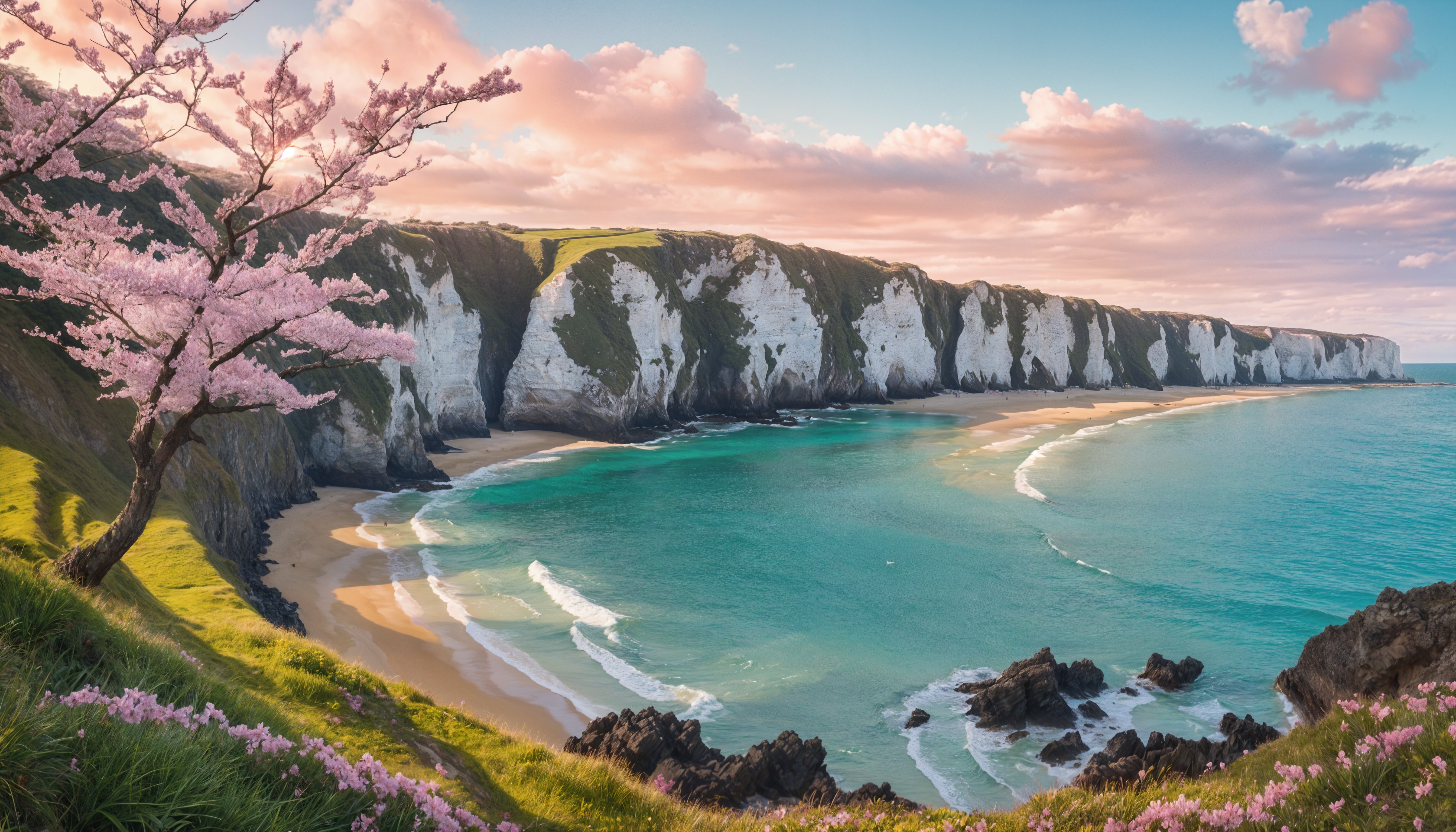 Coastal Scene with Cliffs, Bay, and Cherry Blossom