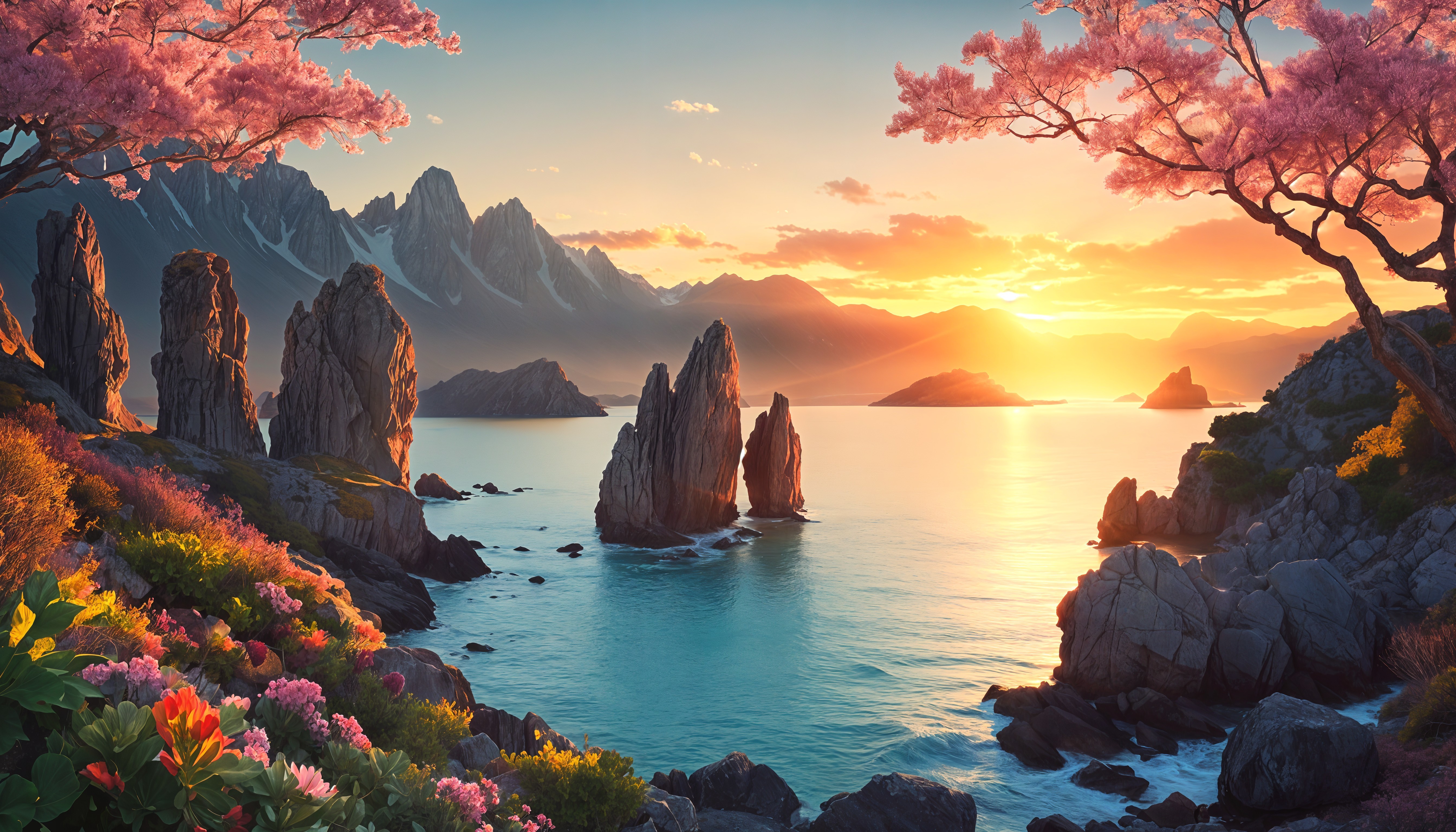 Serene Sunset Landscape with Rock Formations and Water