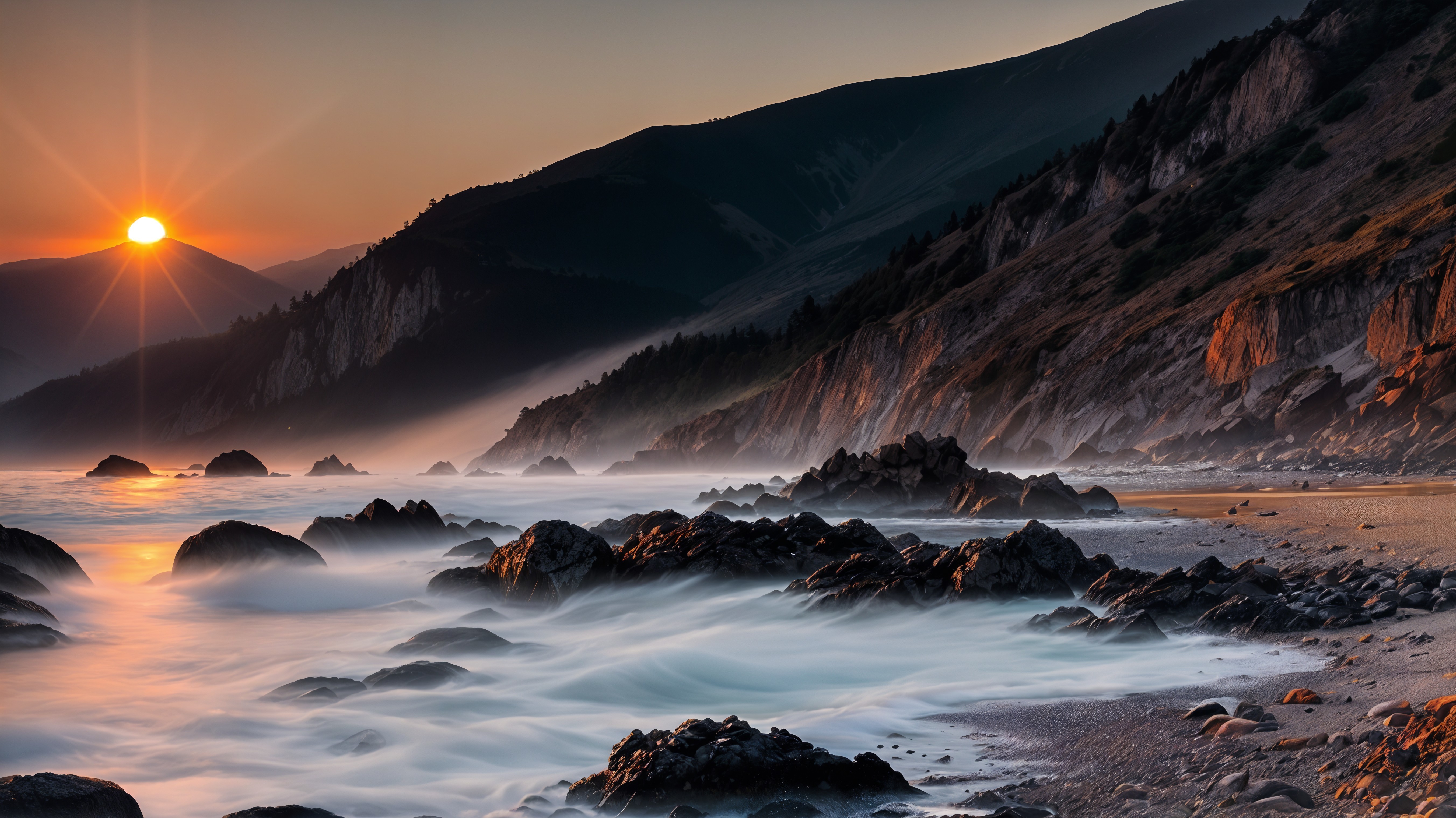 Coastal Landscape at Sunset with Waves and Mountains
