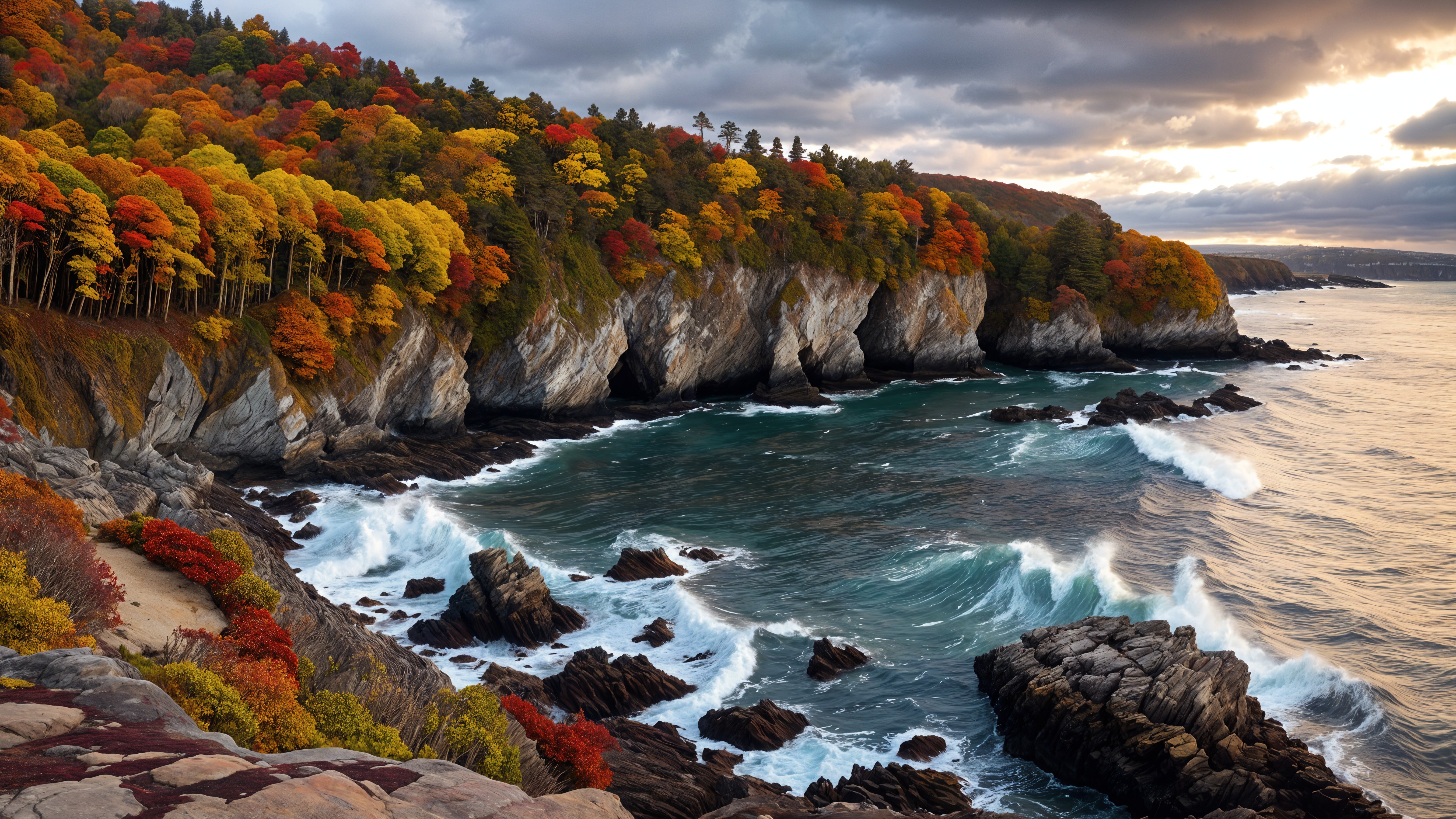 Coastal Landscape with Cliffs and Autumn Foliage