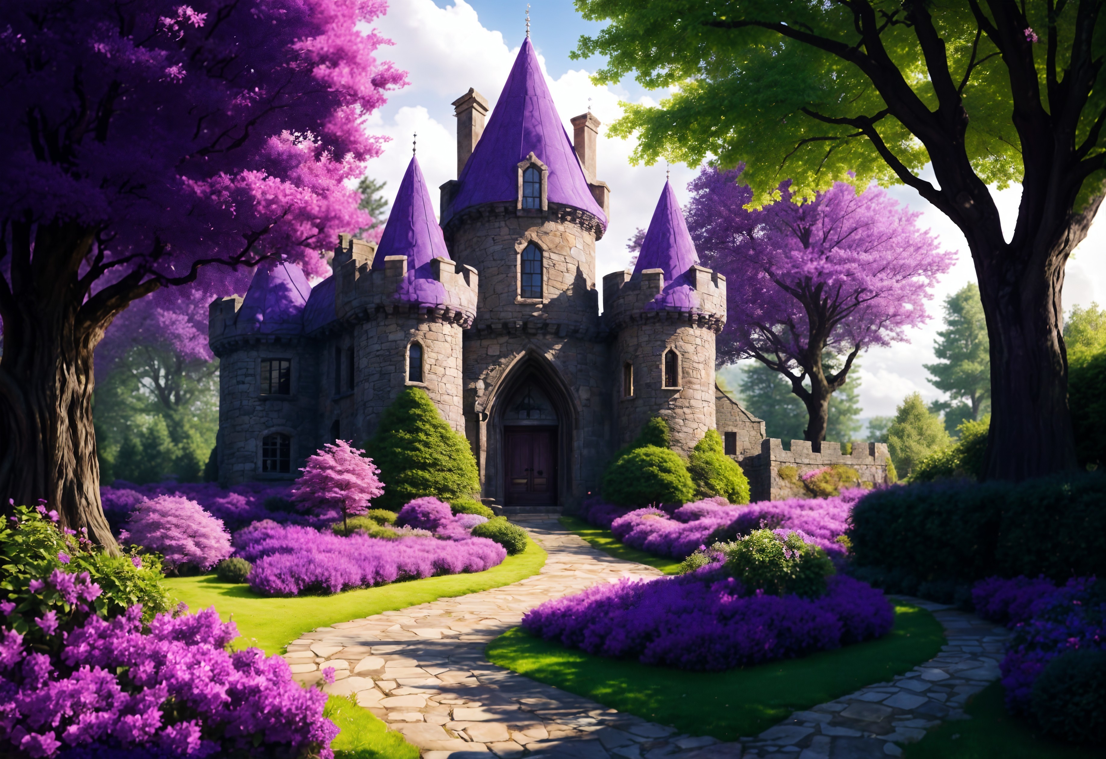 Whimsical Stone Castle Surrounded by Lush Greenery