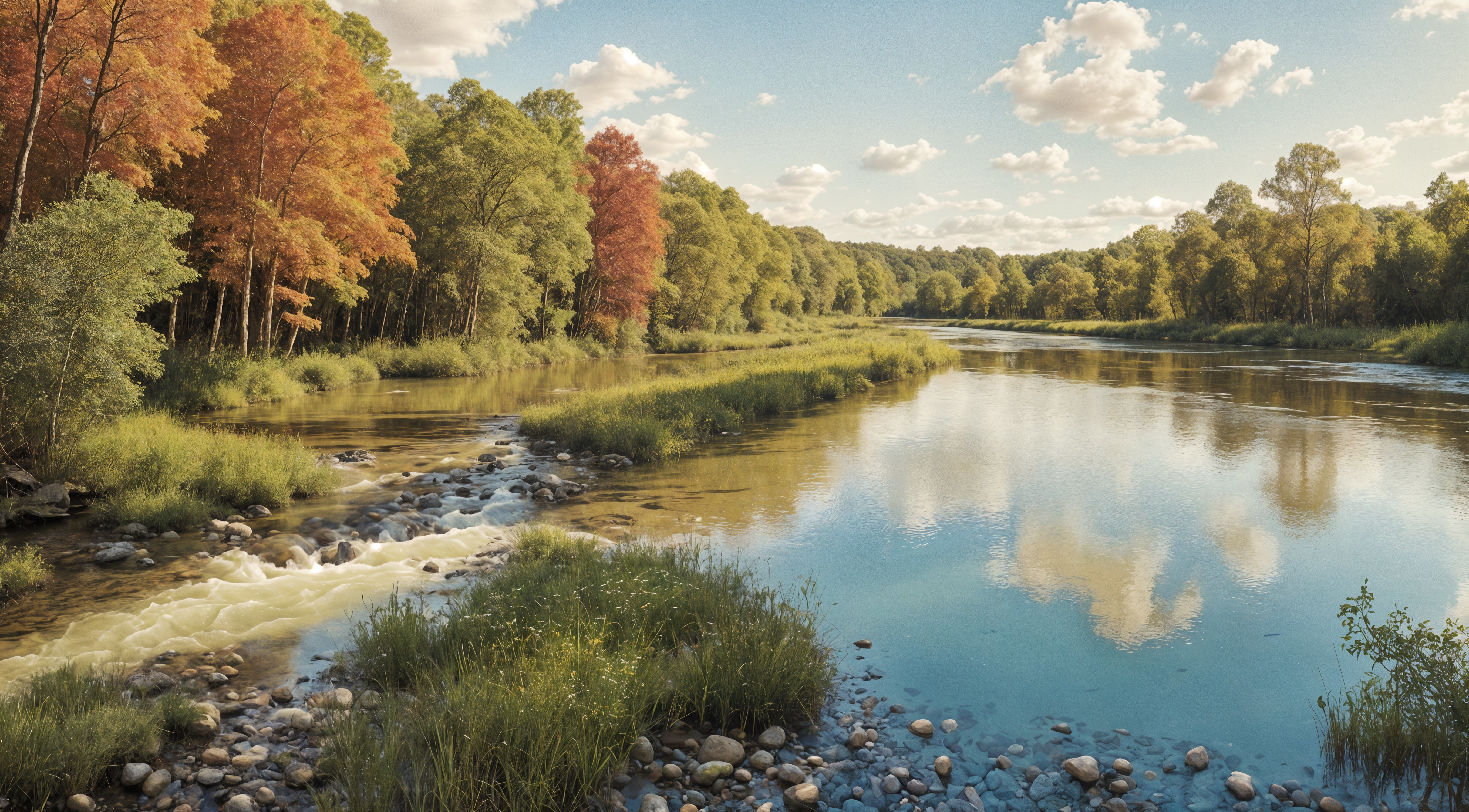 Serene riverscape with autumn foliage and clear sky
